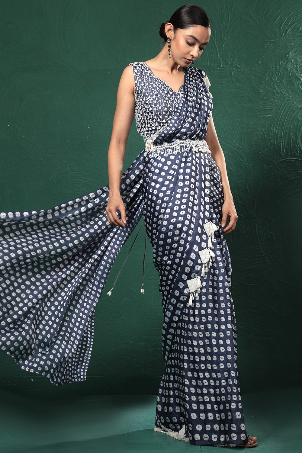 Blue Bandhani Satin Silk Saree