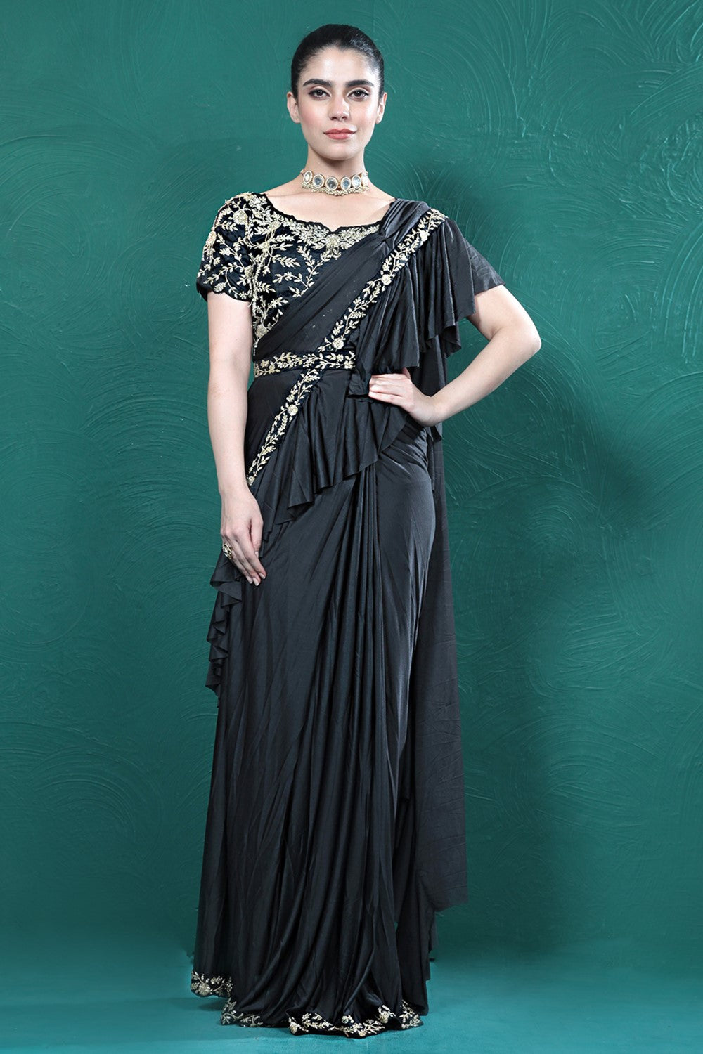 Black Embellished Spandex Saree