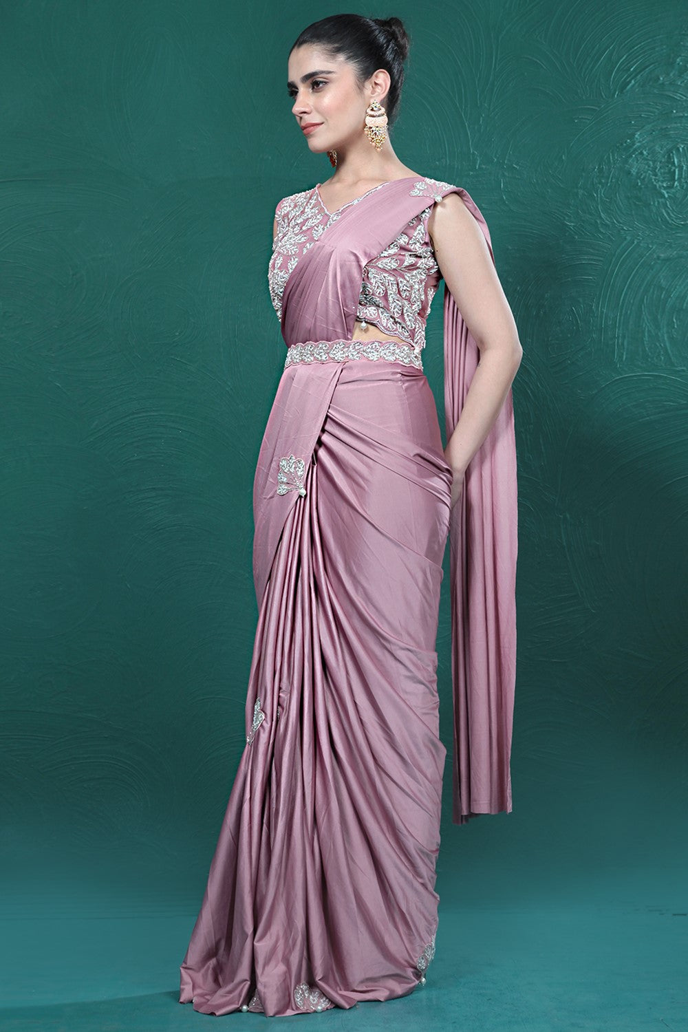 Light Pink Embellished Spandex Saree