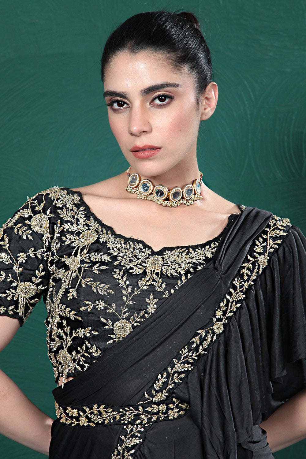 Black Embellished Spandex Saree