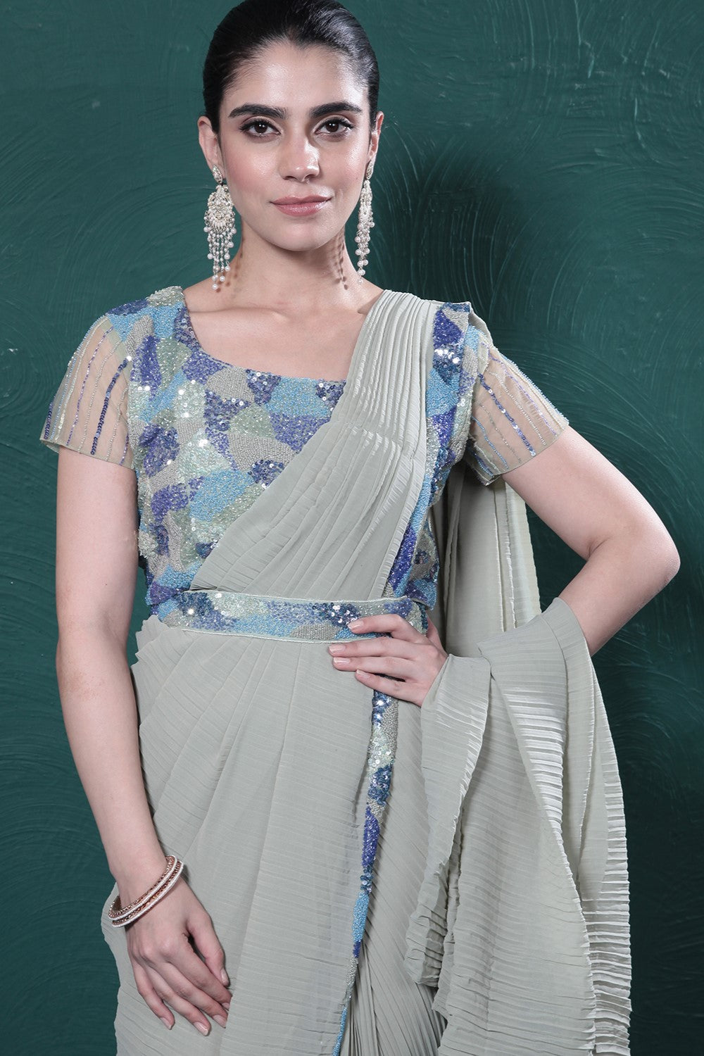 Pastel Green Embroidered Pleated Saree