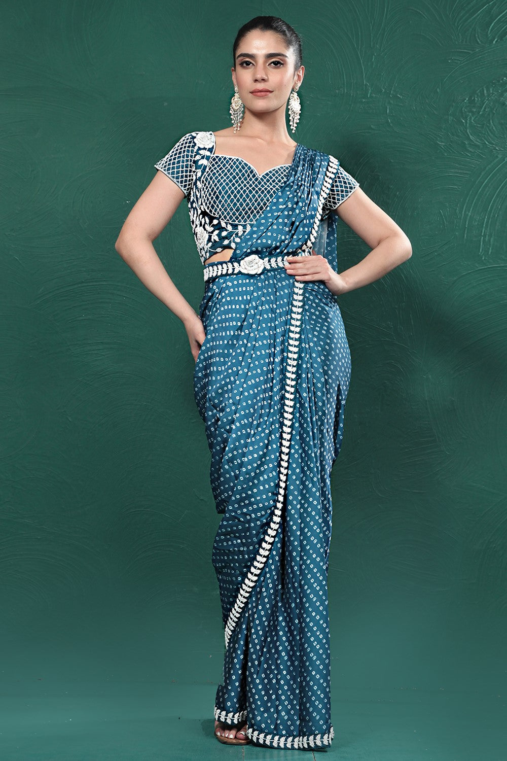 Teal Blue Bandhani Satin Silk Saree