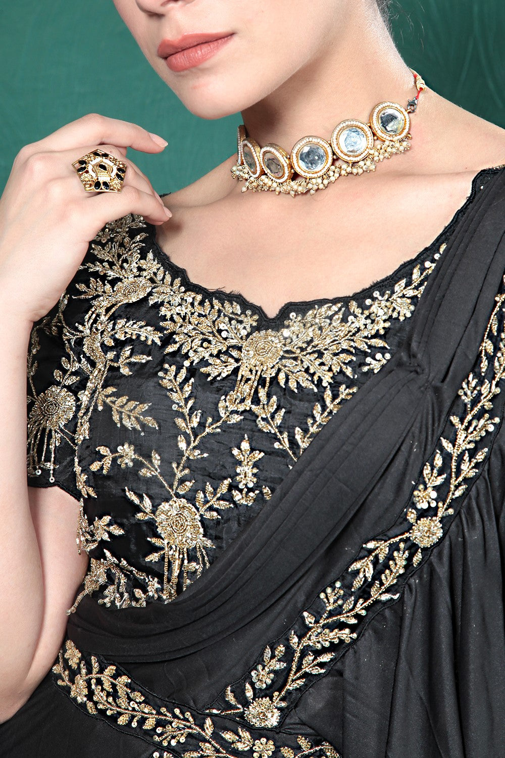 Black Embellished Spandex Saree