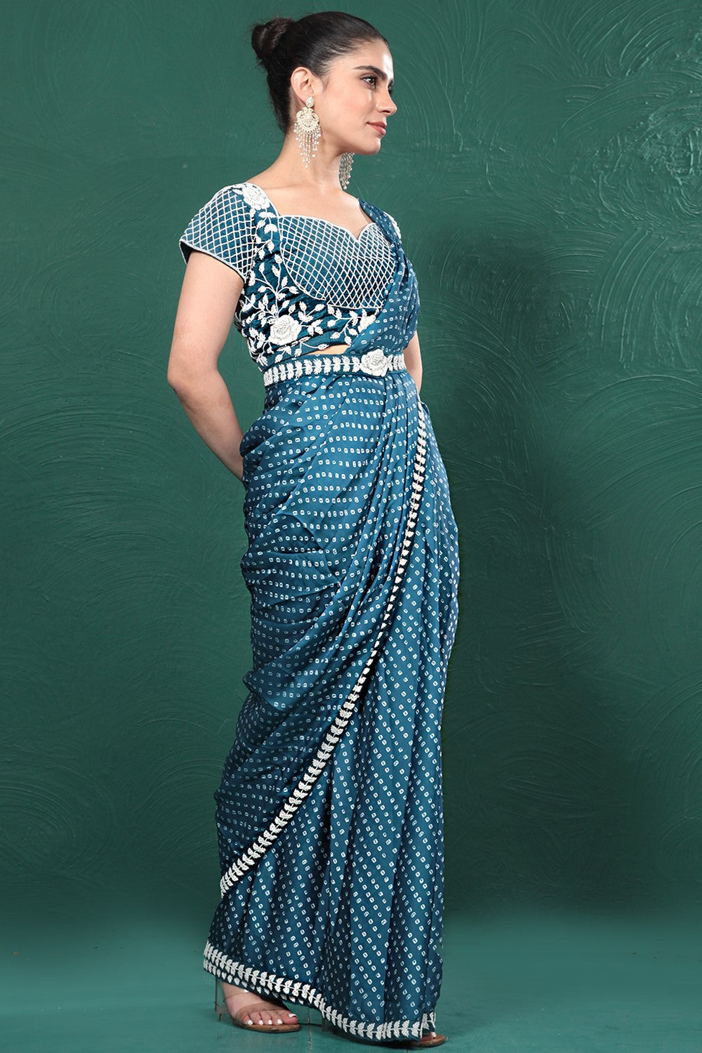 Teal Blue Bandhani Satin Silk Saree