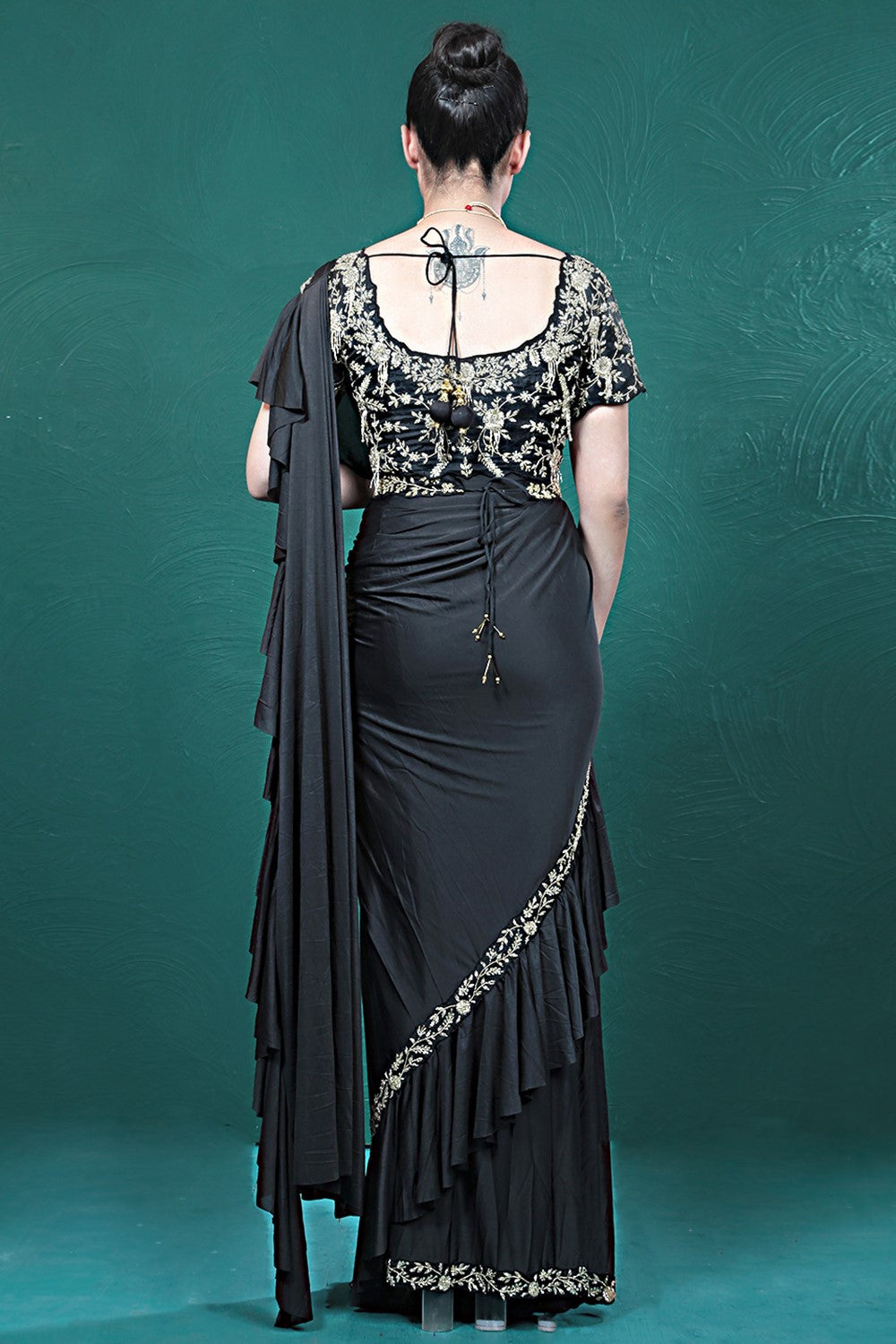Black Embellished Spandex Saree
