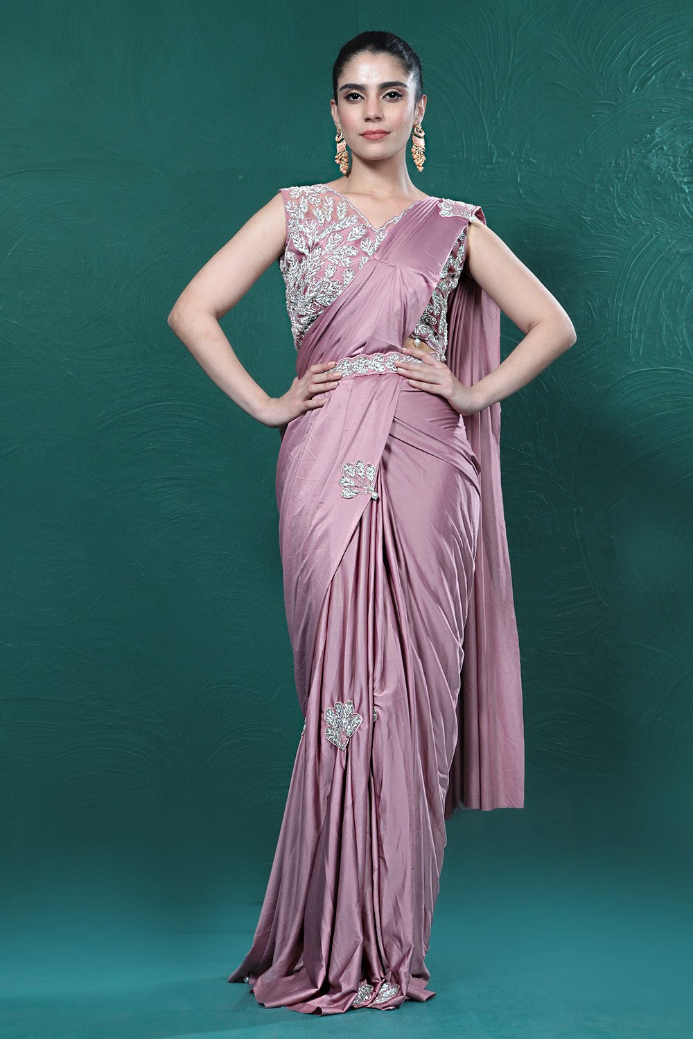 Light Pink Embellished Spandex Saree