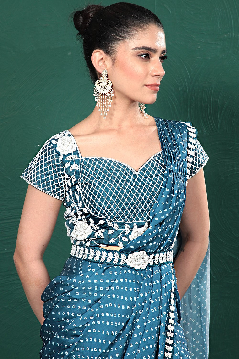 Teal Blue Bandhani Satin Silk Saree