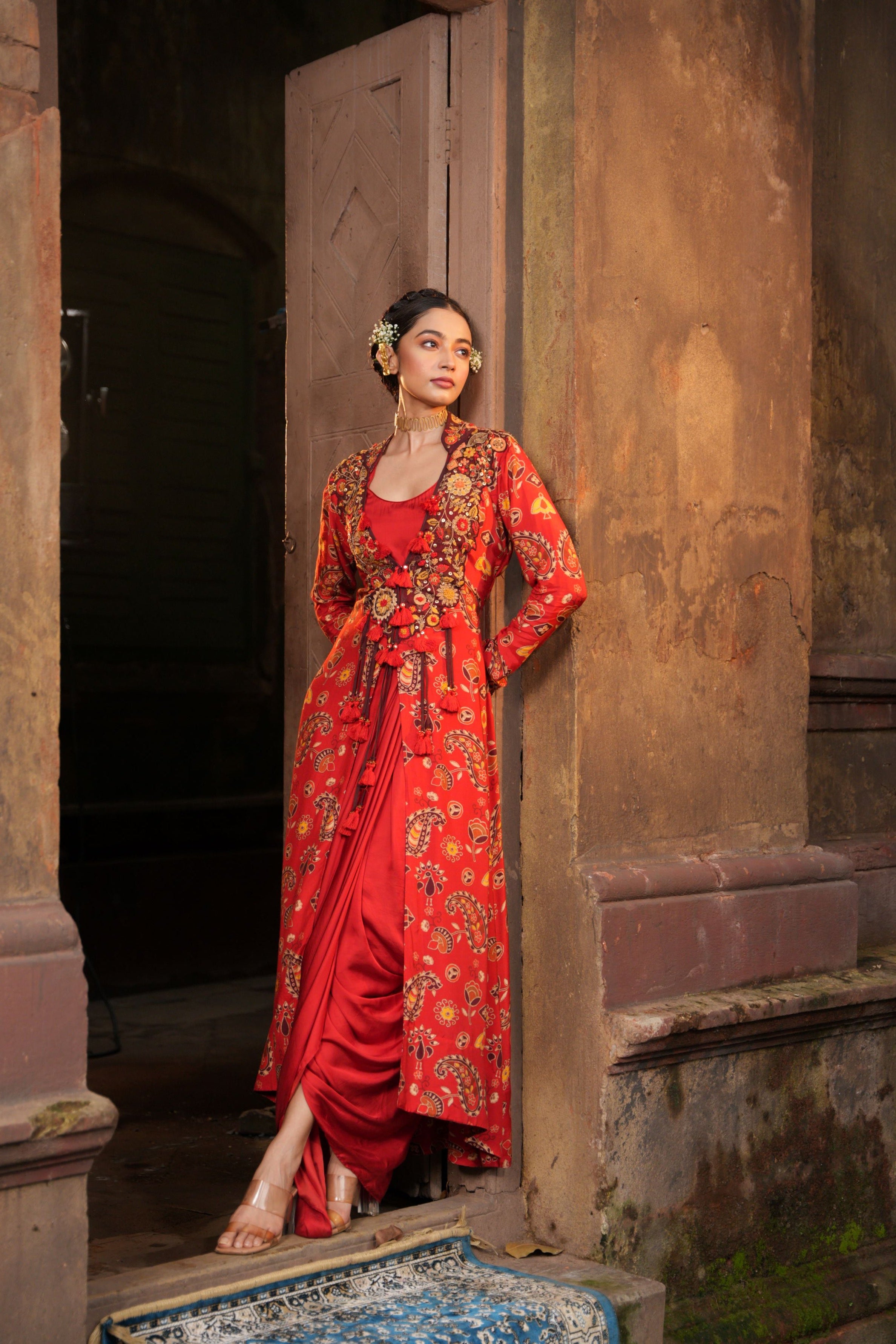 Cherry Red Premium Silk Draped Cape Dress
