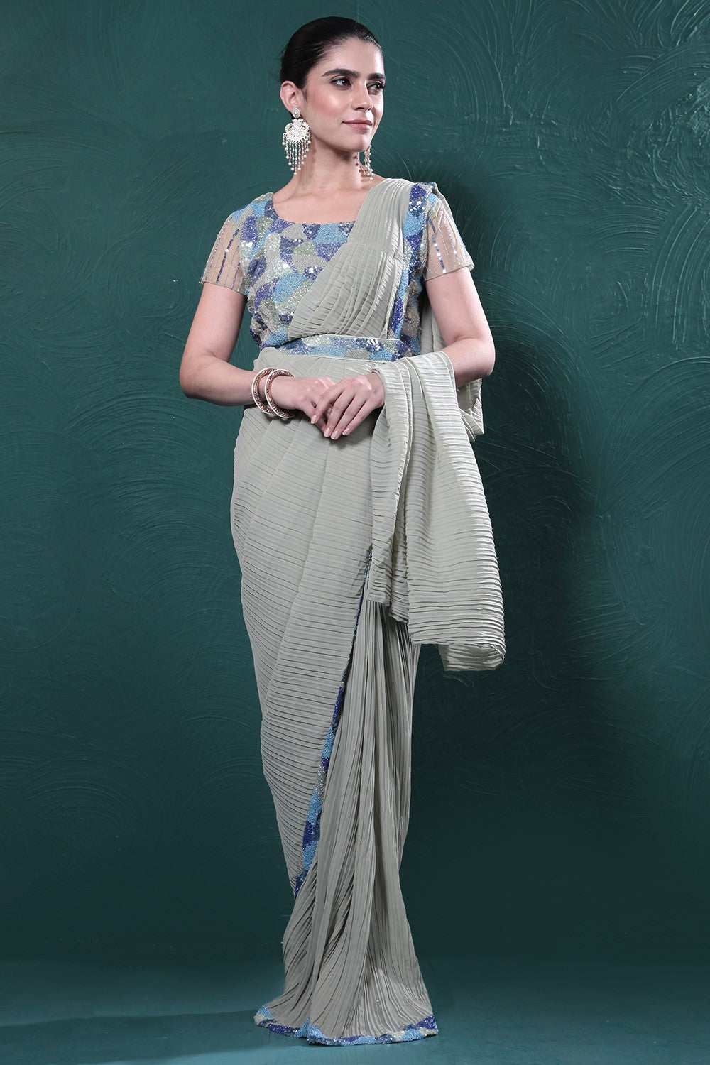 Pastel Green Embroidered Pleated Saree