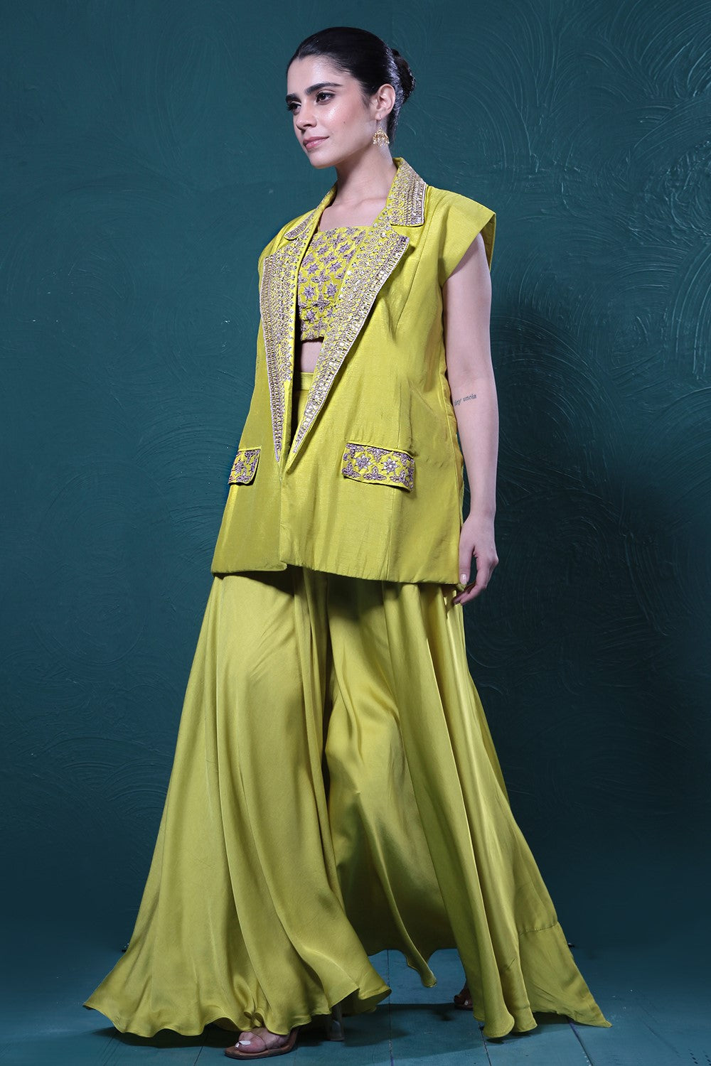 Pear Green Embroidered Jacket & Palazzo Set