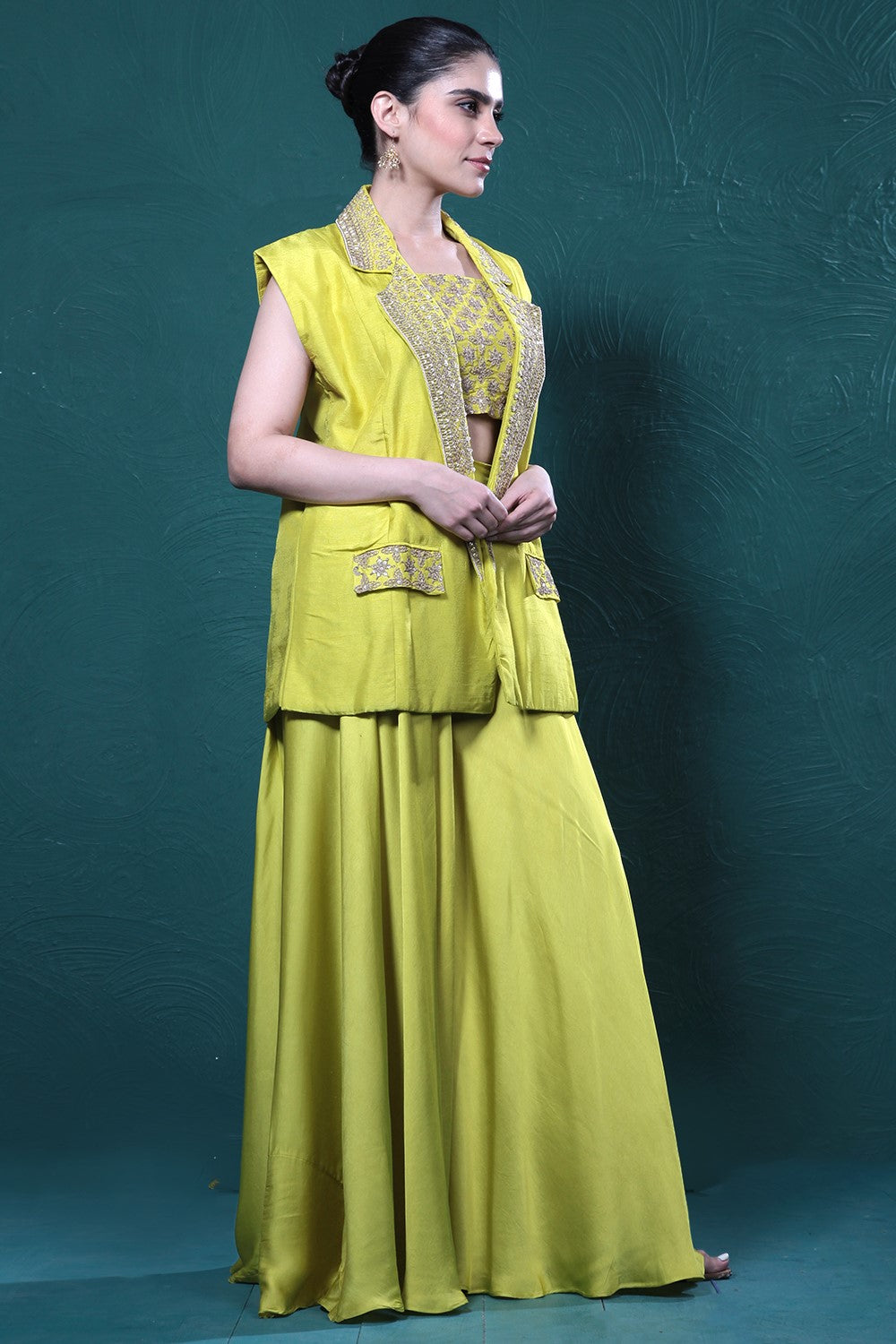 Pear Green Embroidered Jacket & Palazzo Set
