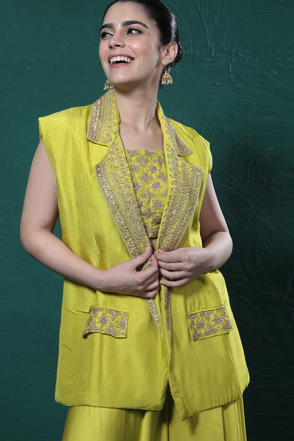 Pear Green Embroidered Jacket & Palazzo Set