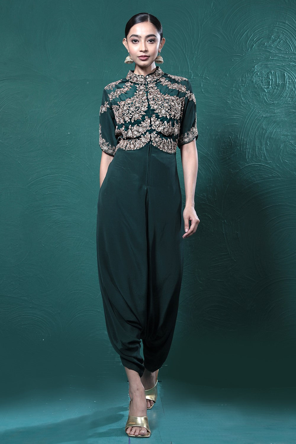 Deep Green Embroidered Crepe Silk Jumpsuit