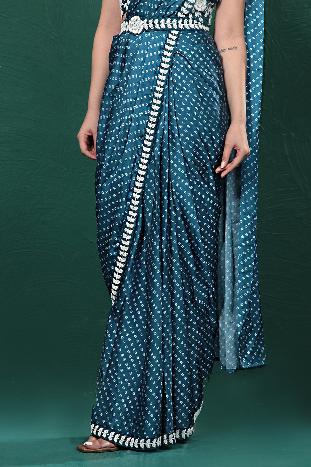 Teal Blue Bandhani Satin Silk Saree