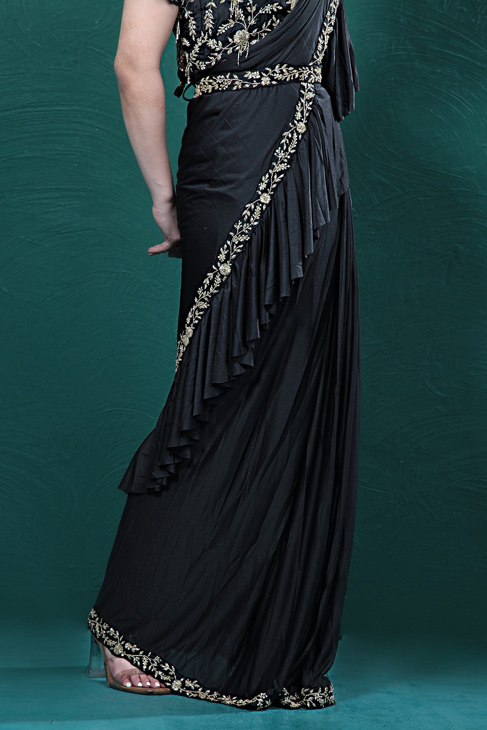 Black Embellished Spandex Saree