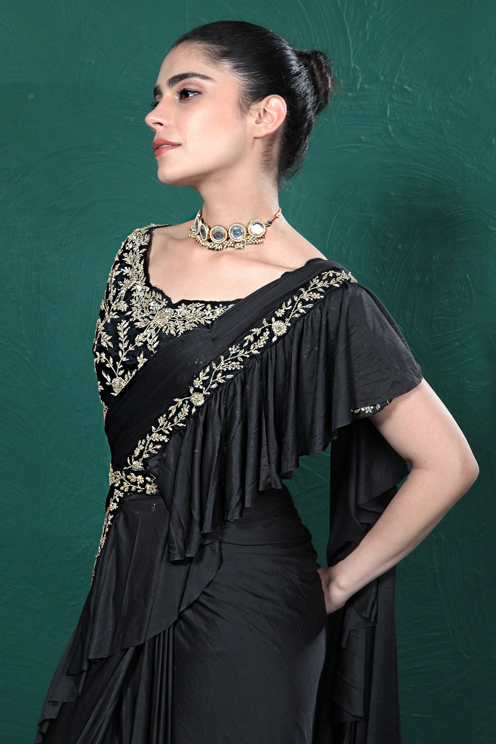 Black Embellished Spandex Saree