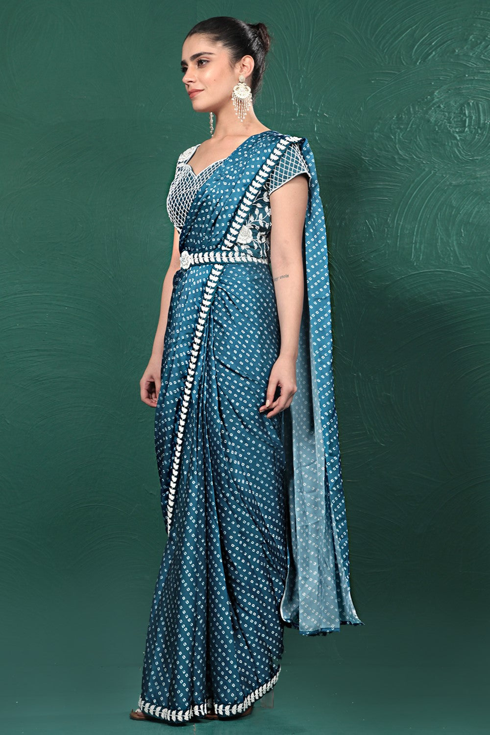 Teal Blue Bandhani Satin Silk Saree