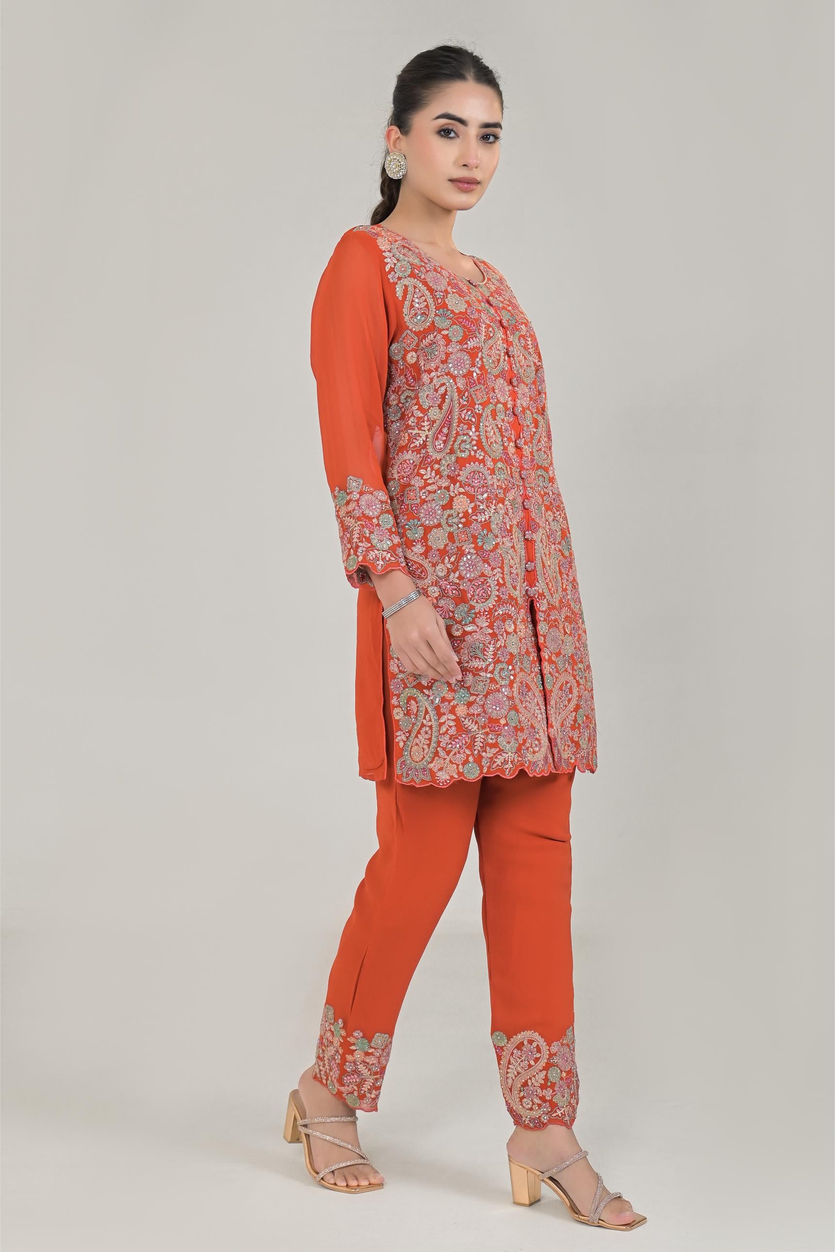 Orange Embroidered Kurta & Pants Set