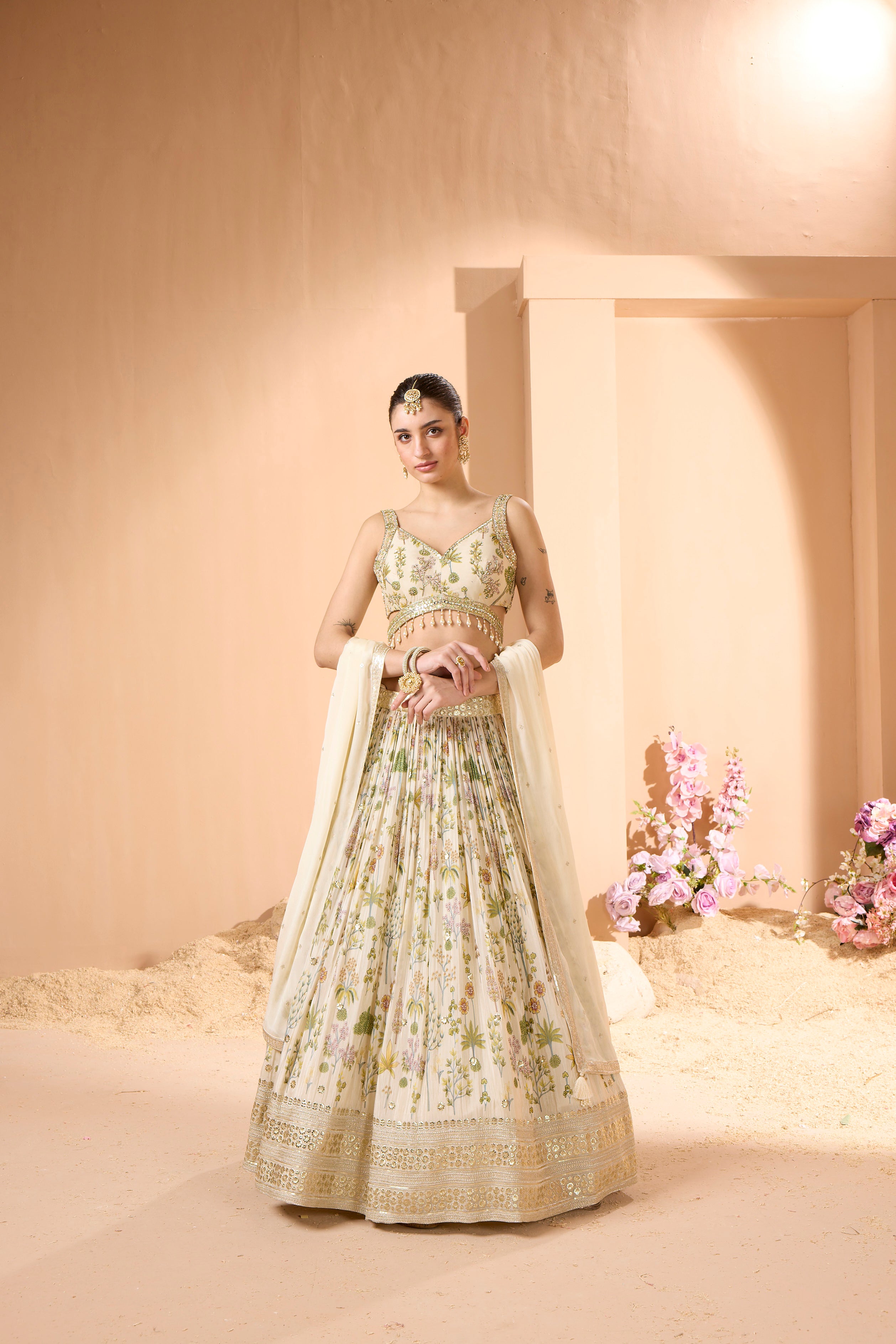 White Amore Floral Printed Georgette Silk Lehenga Set
