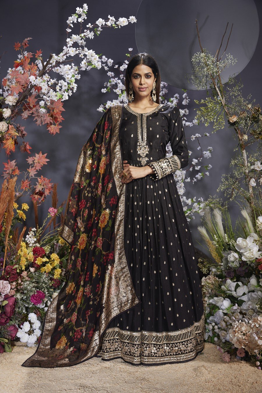 Black Embroidered Anarakali & Printed Dupatta