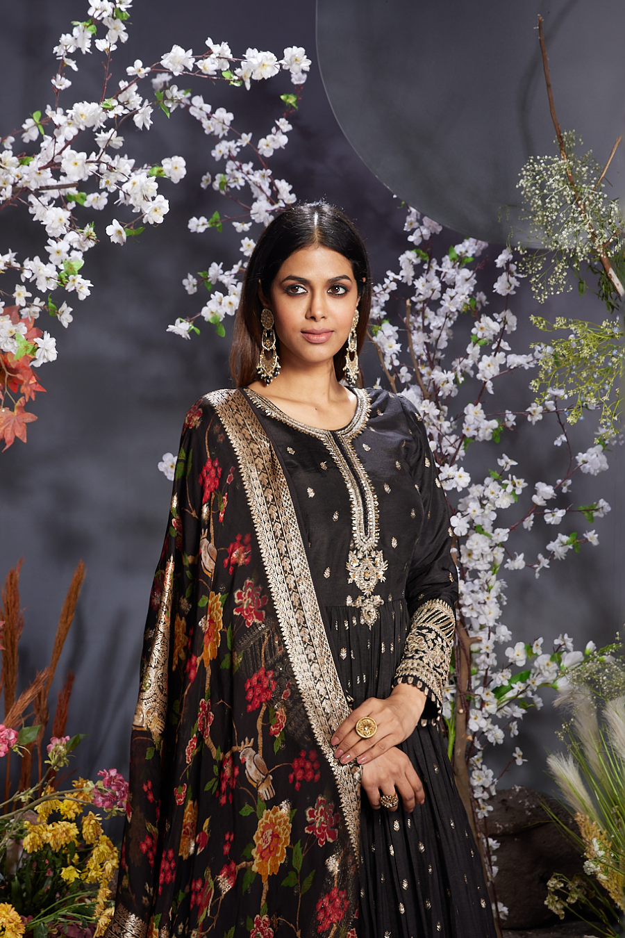 Black Embroidered Anarakali & Printed Dupatta