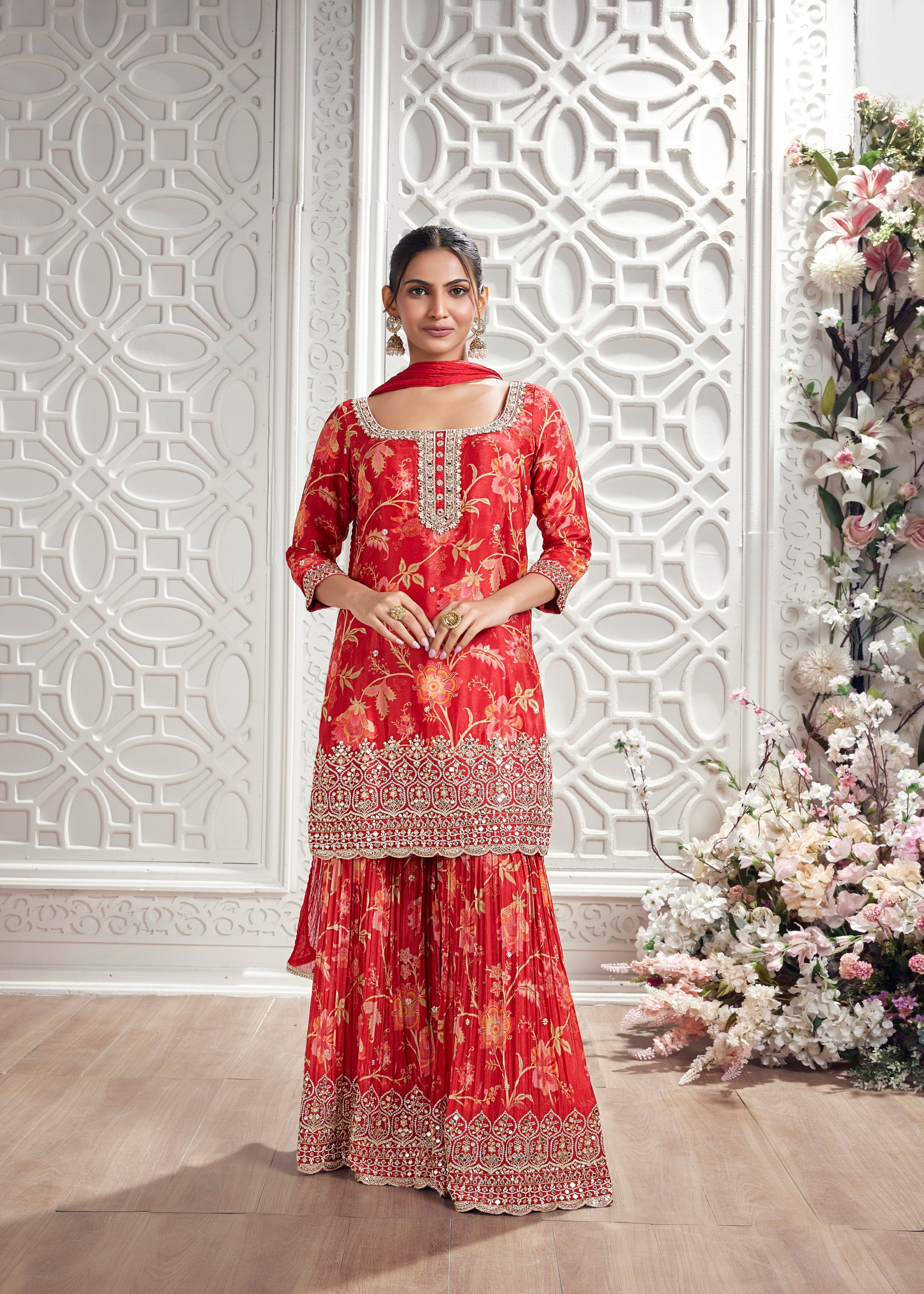 Crimson Red Embellished Chinon Silk Sharara Set
