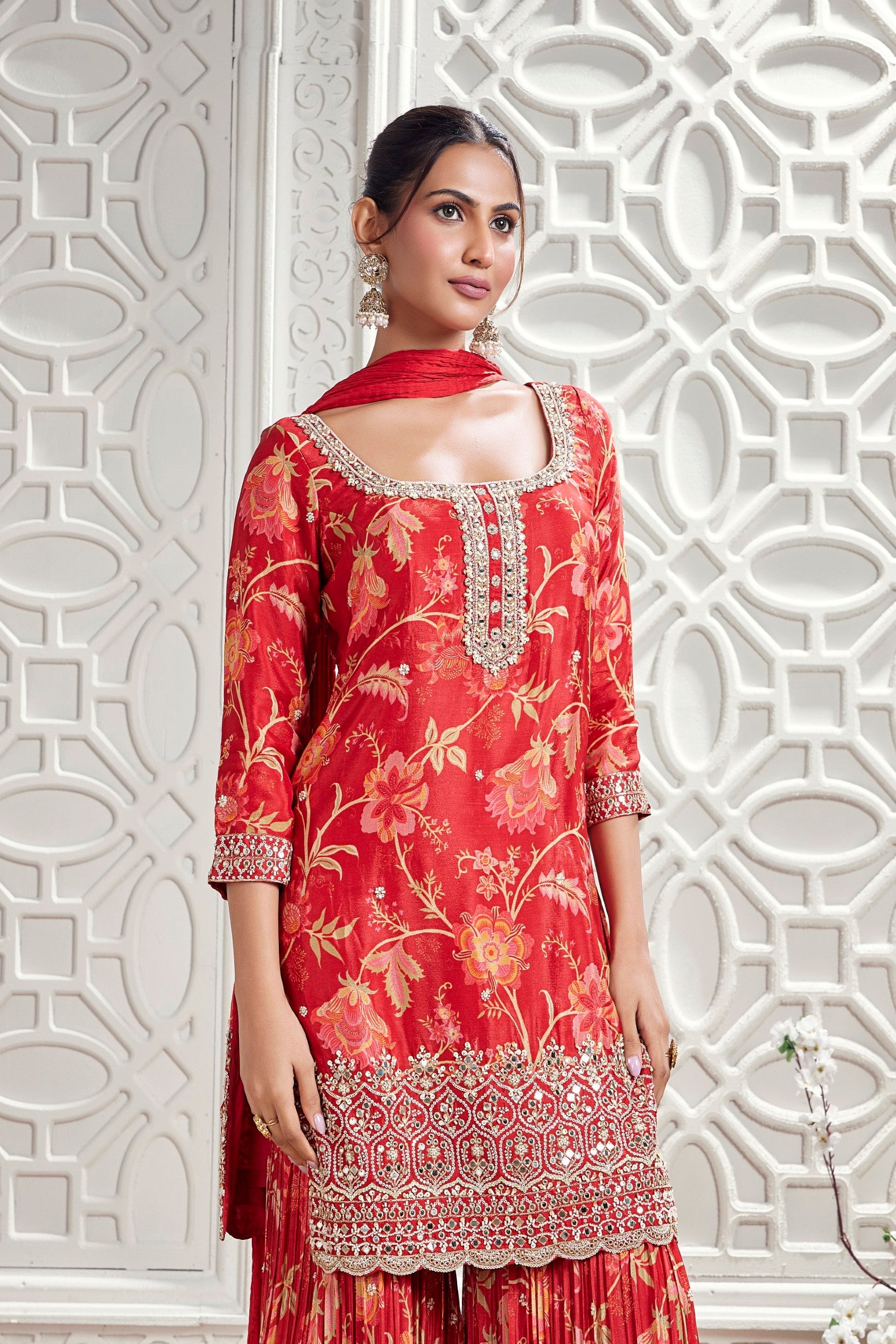 Crimson Red Embellished Chinon Silk Sharara Set