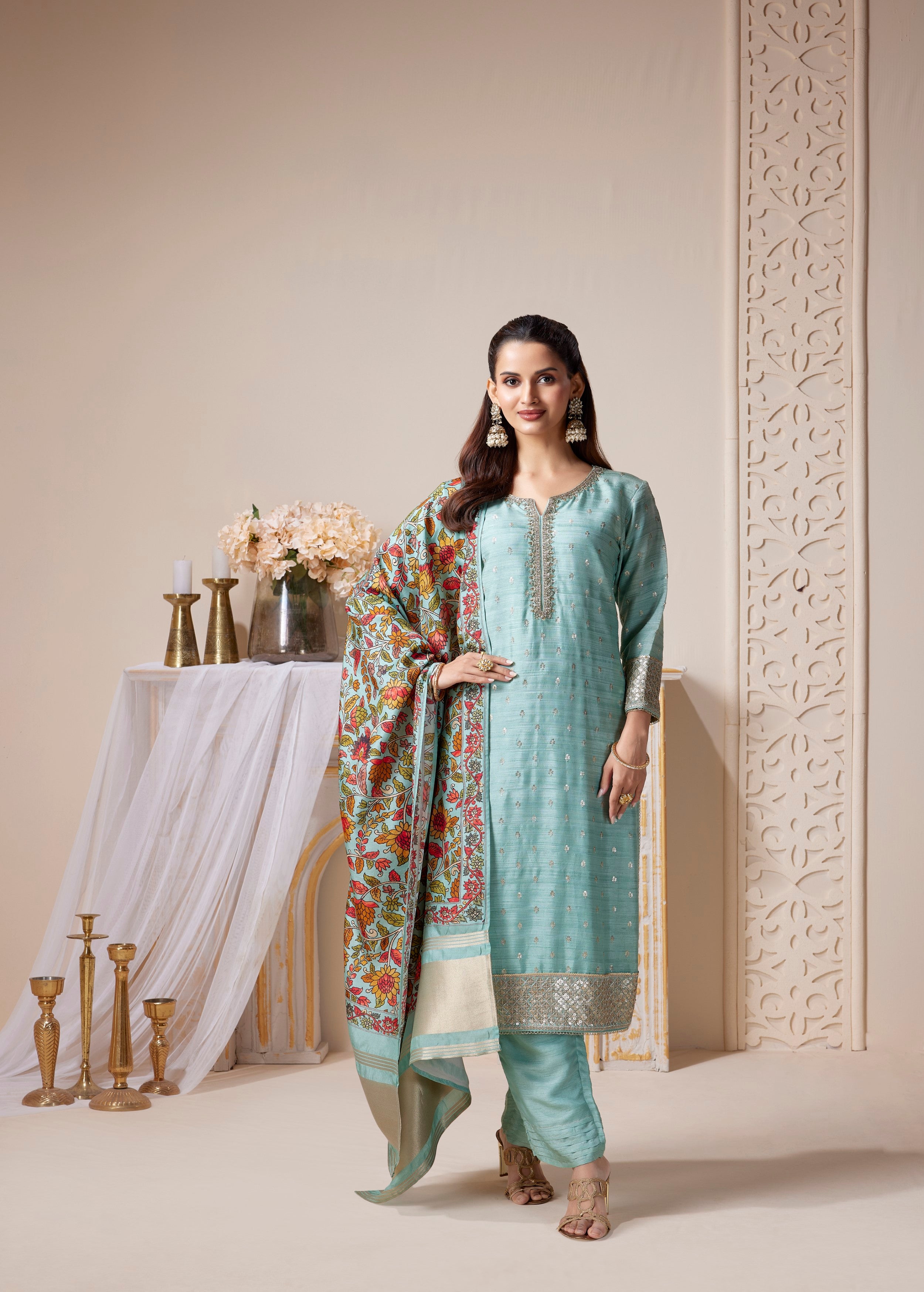 Serene Aqua Embellished Premium Silk Pant Set