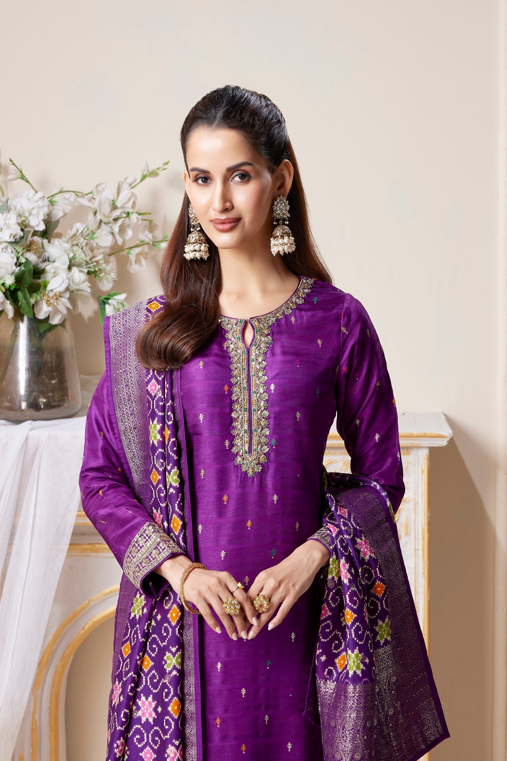 Regal Purple Embellished Premium Silk Pant Set