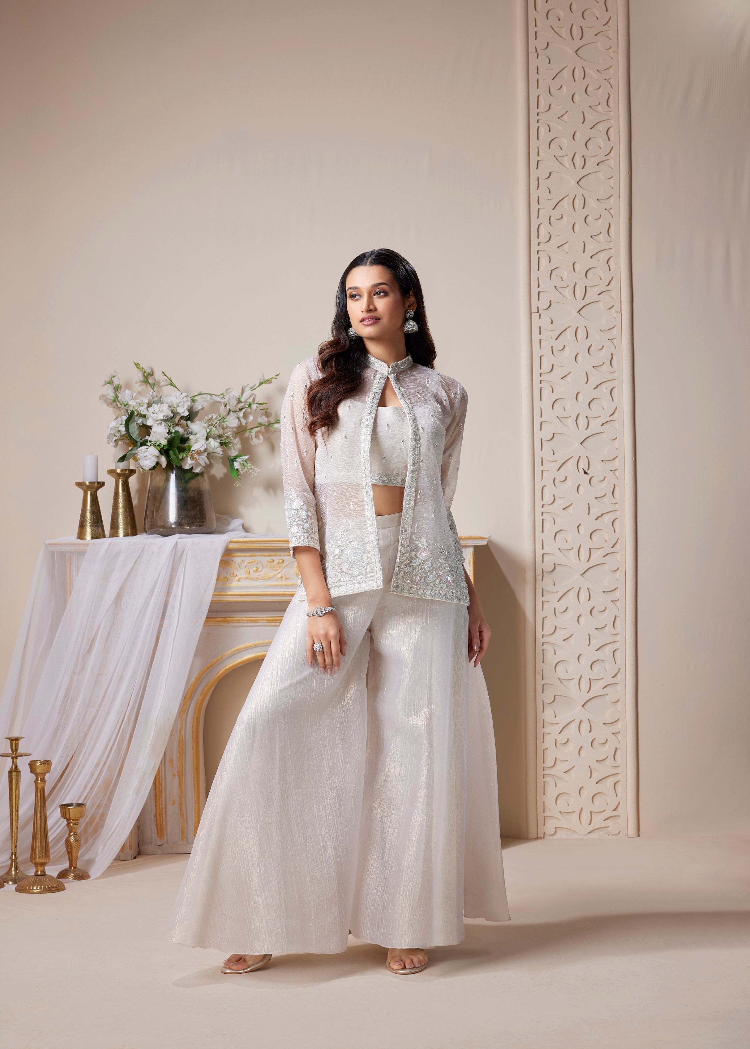 Icy White Embellished Crushed Tissue Silk Palazzo Set