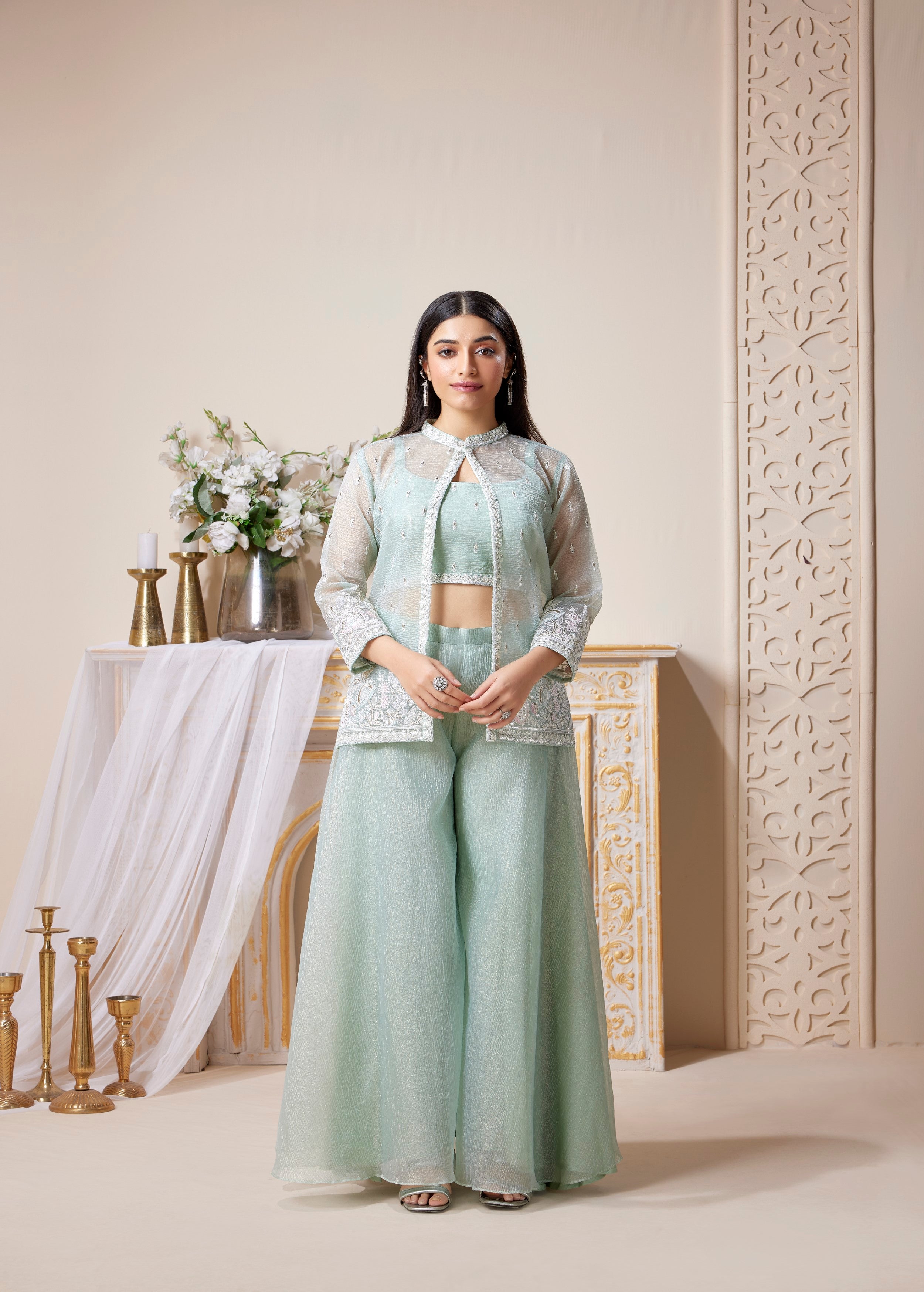 Pale Aqua Green Embellished Crushed Tissue Silk Palazzo Set