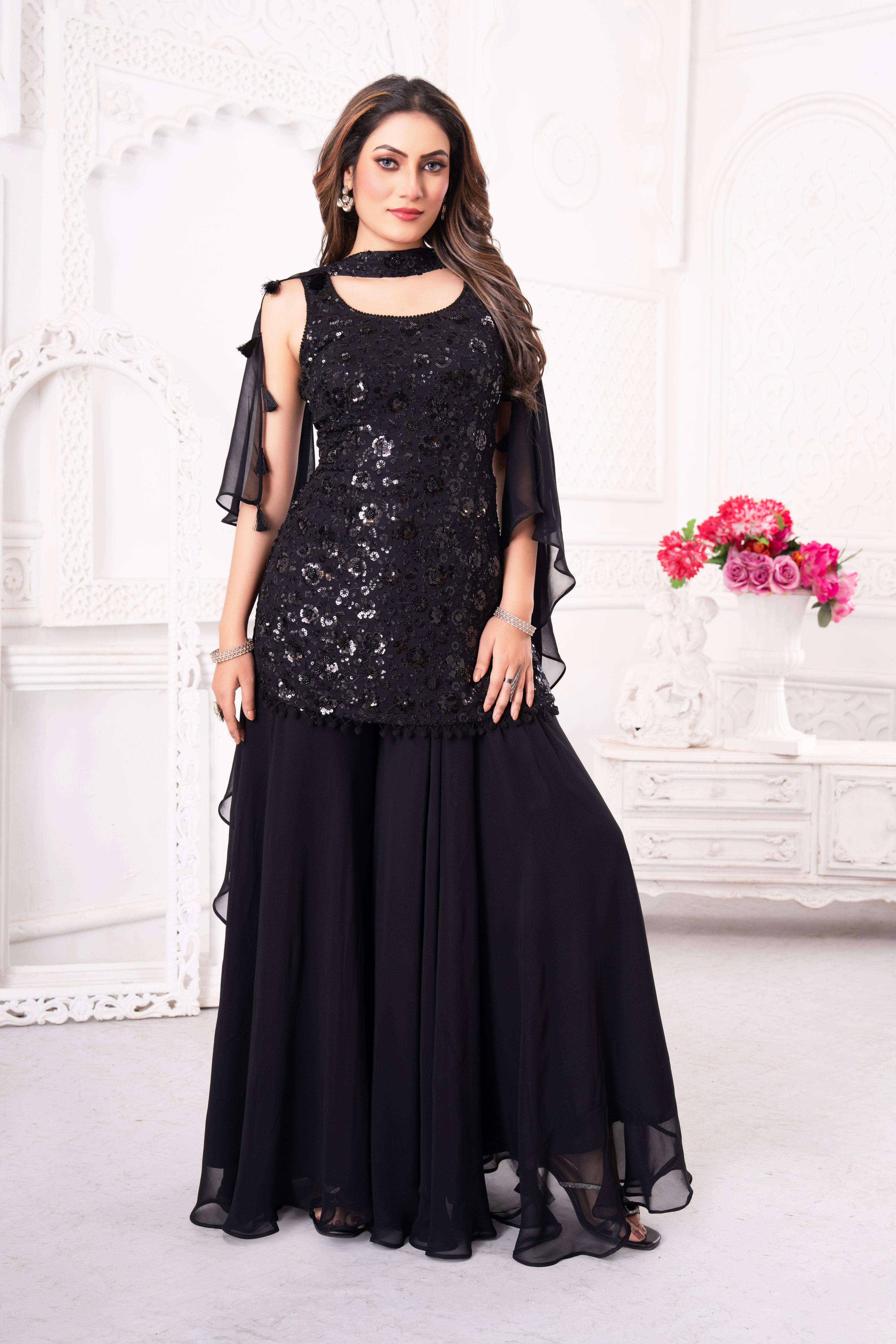 Black Delicate Sequins Tunic Palazzo Set