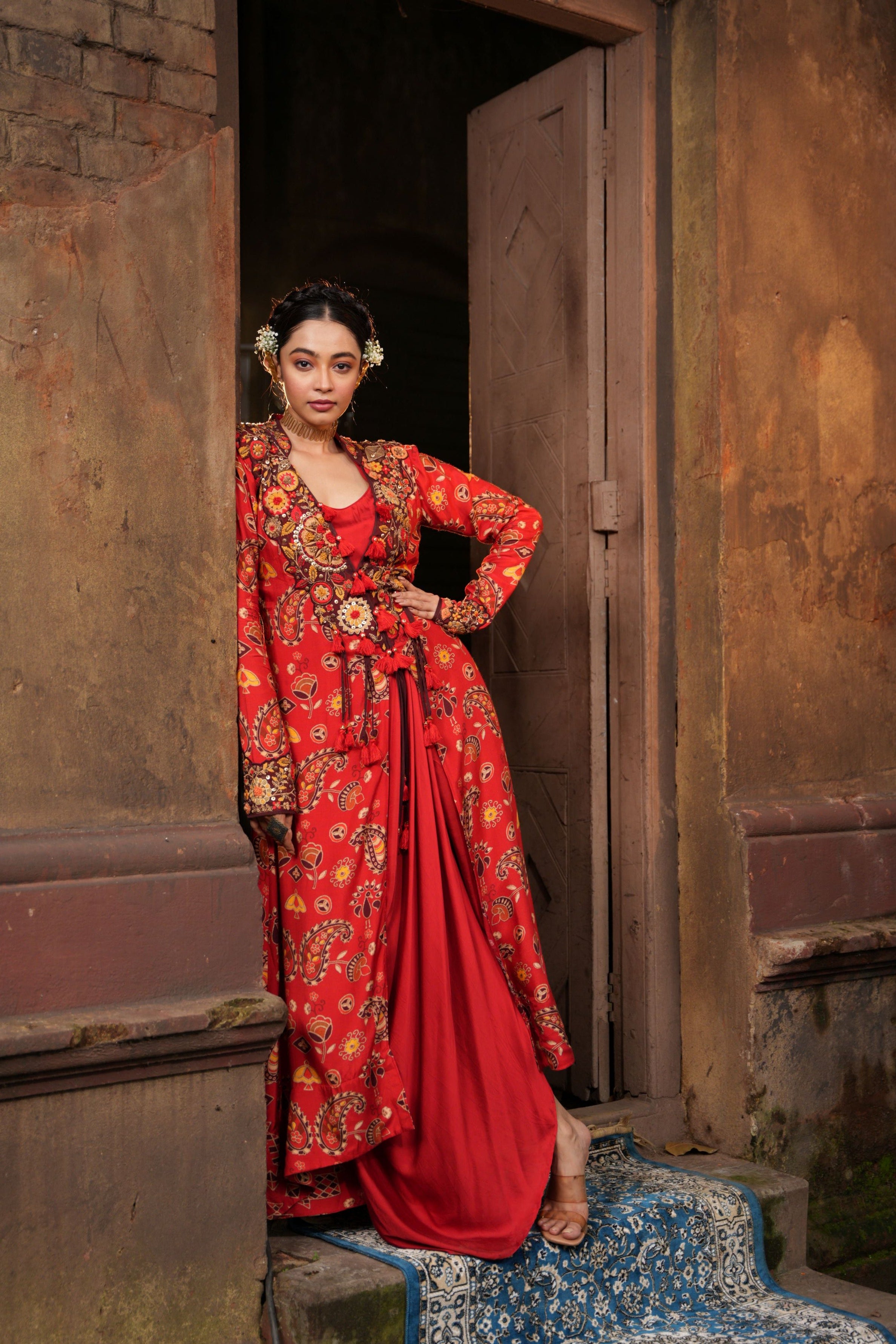 Cherry Red Premium Silk Draped Cape Dress