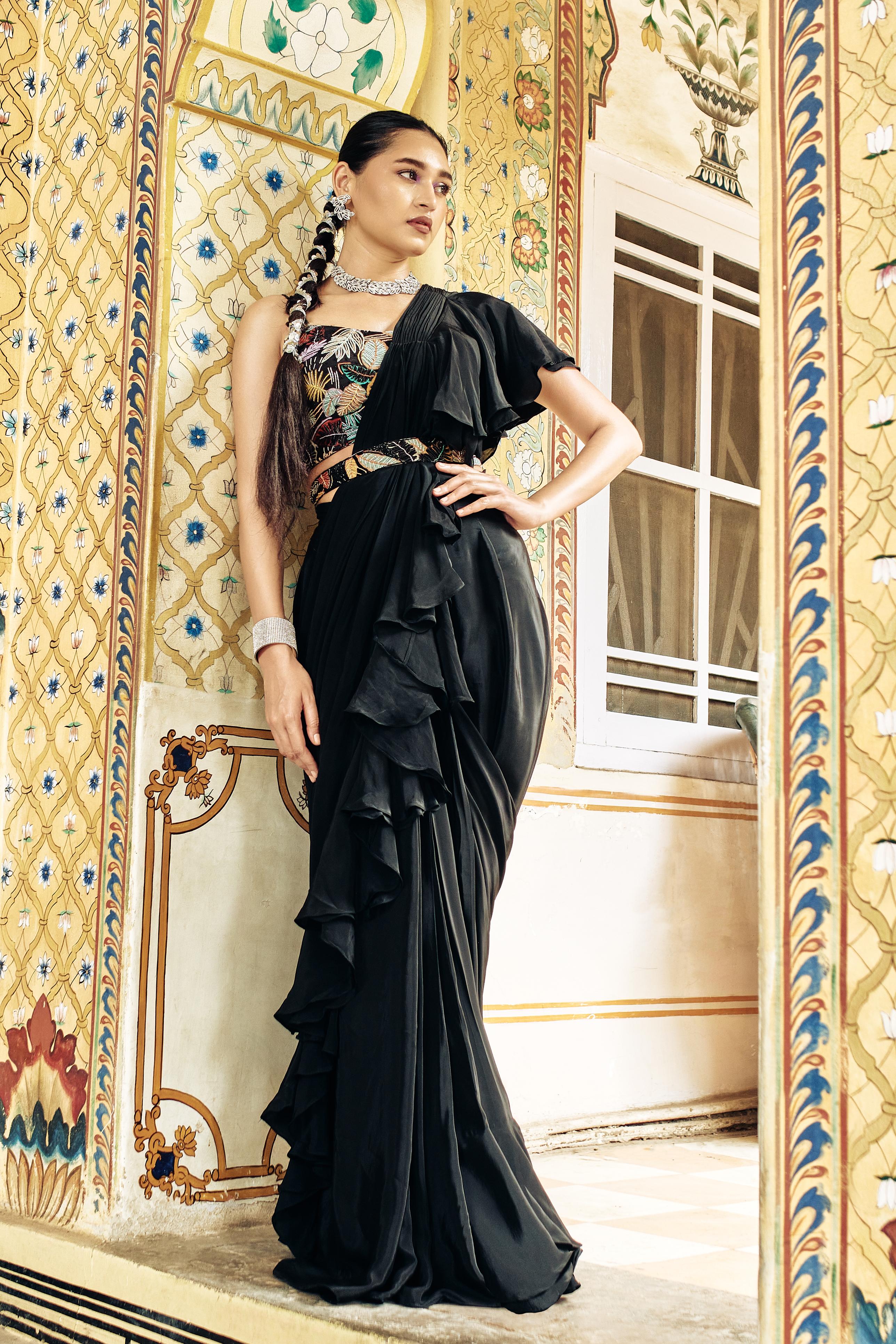 Black Embellished Habutai Silk Draped Saree
