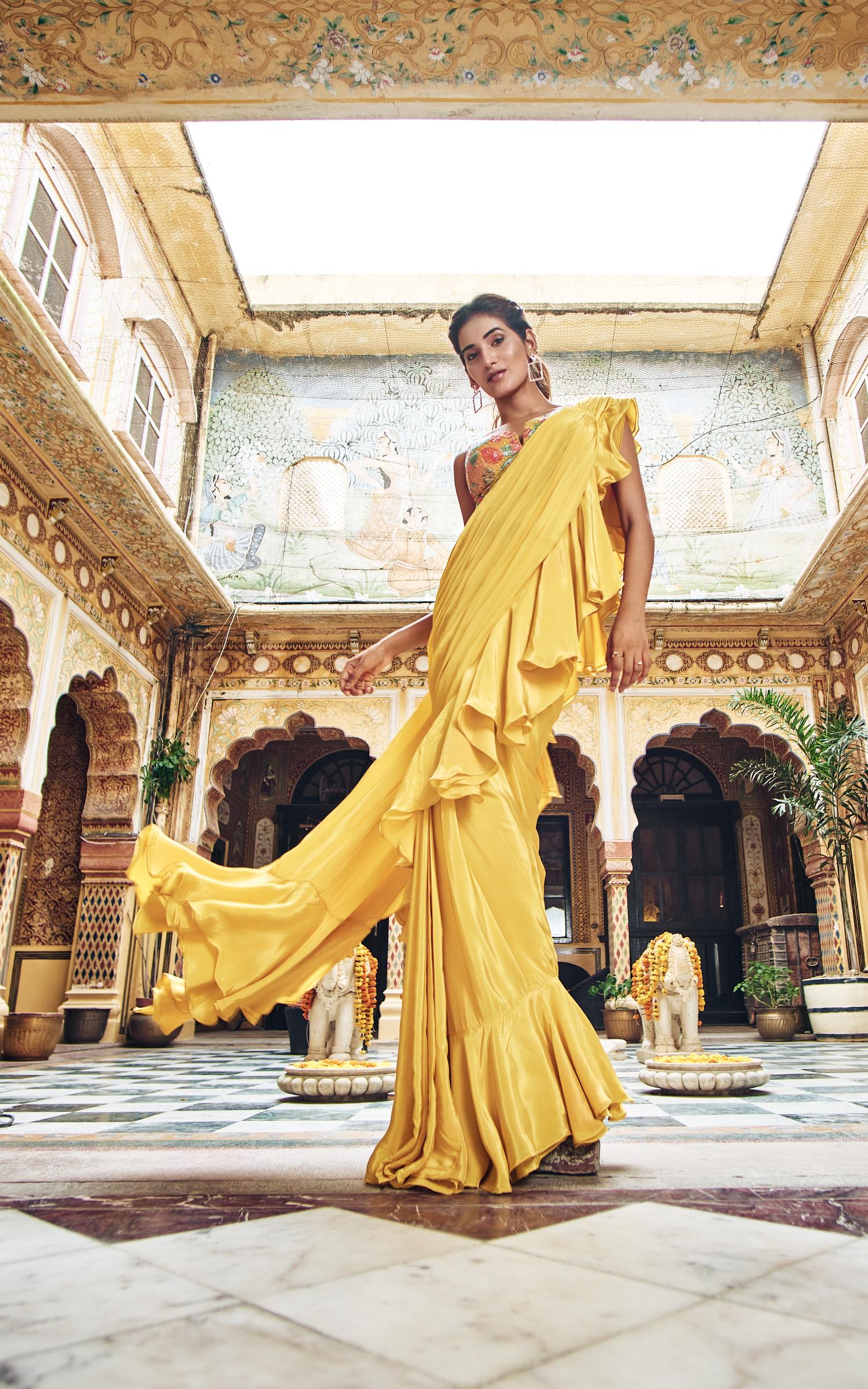 Yellow Embellished Habutai Silk Draped Saree