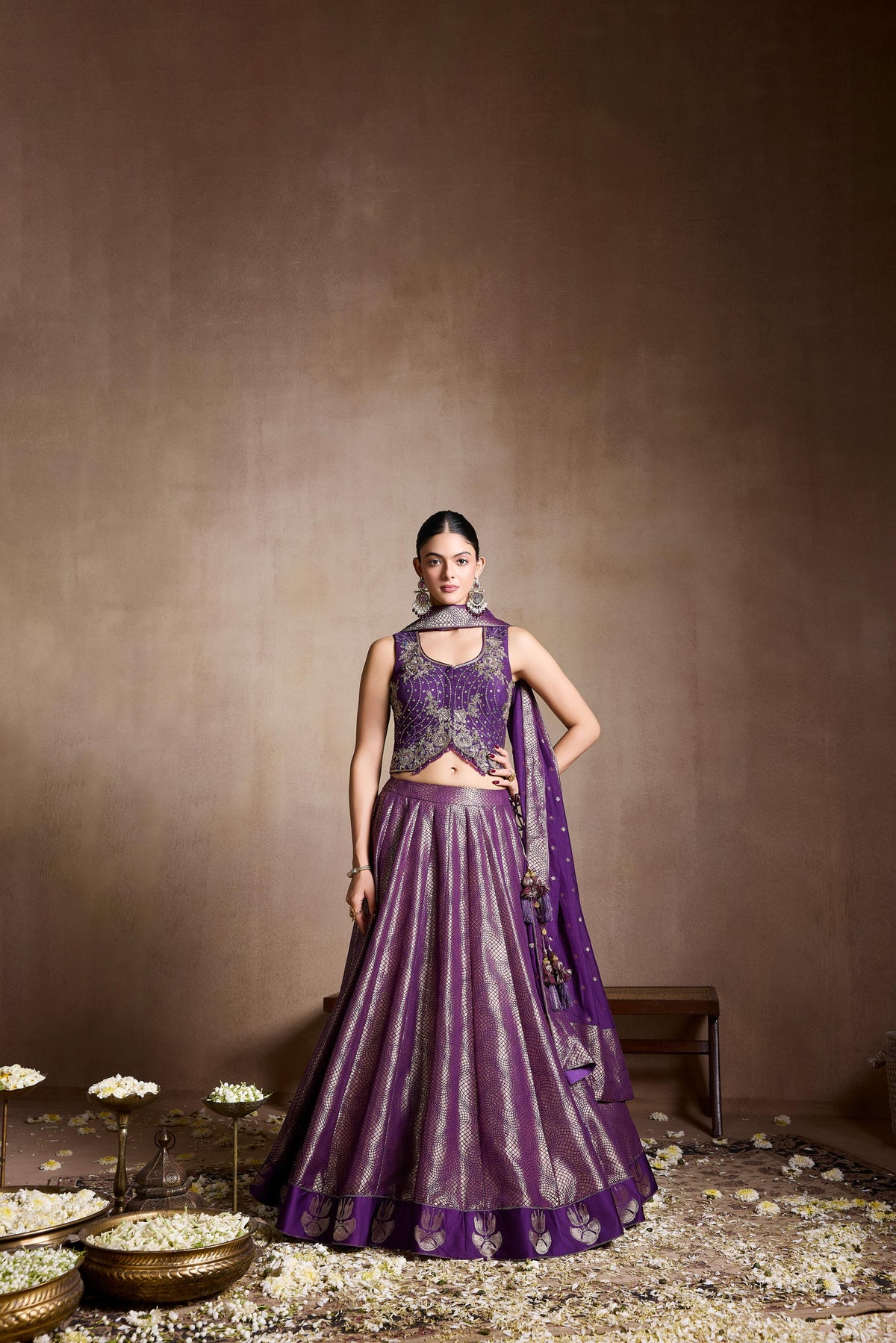 Royal Violet Embellsihed Brocade Silk Lehenga Set