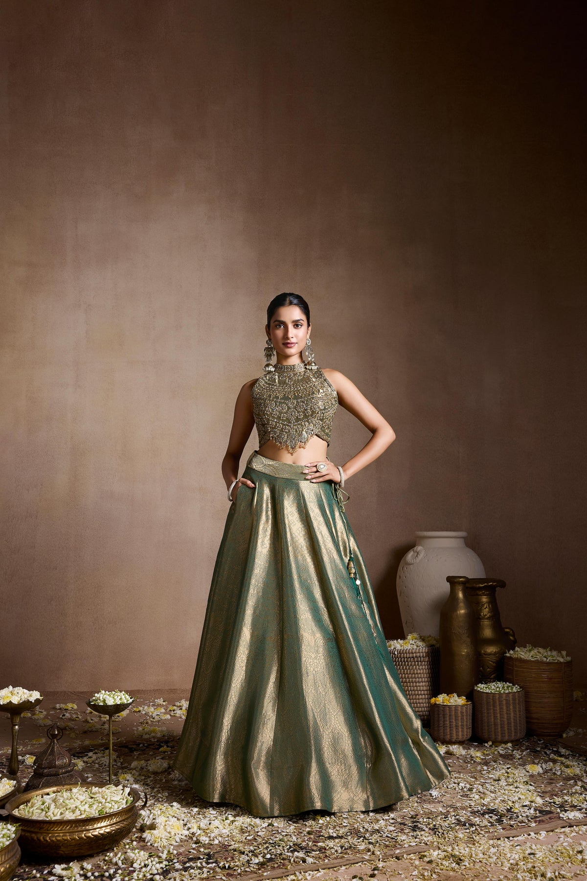 Metallic Green Embellsihed Banarasi Silk Lehenga Set