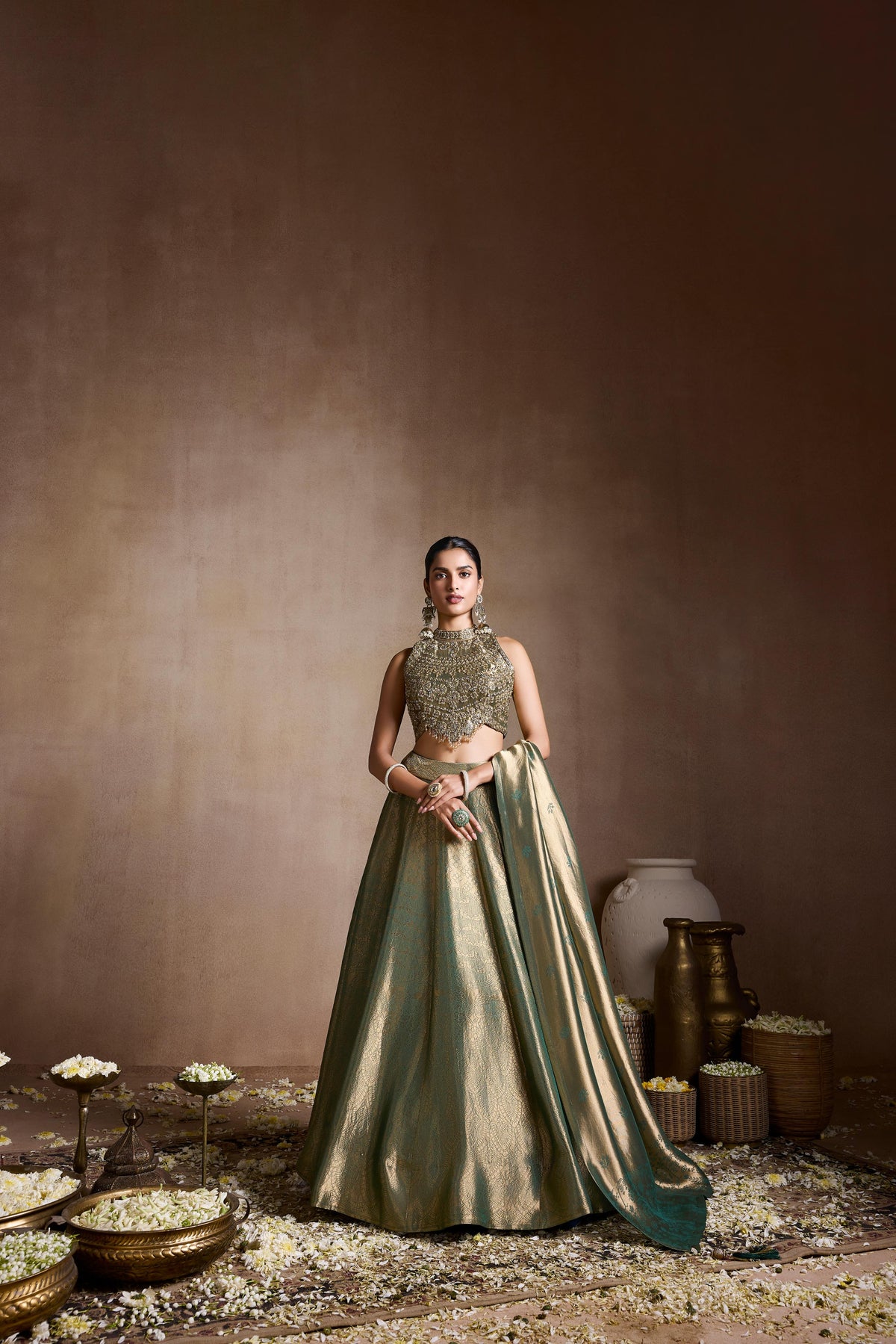 Metallic Green Embellsihed Banarasi Silk Lehenga Set