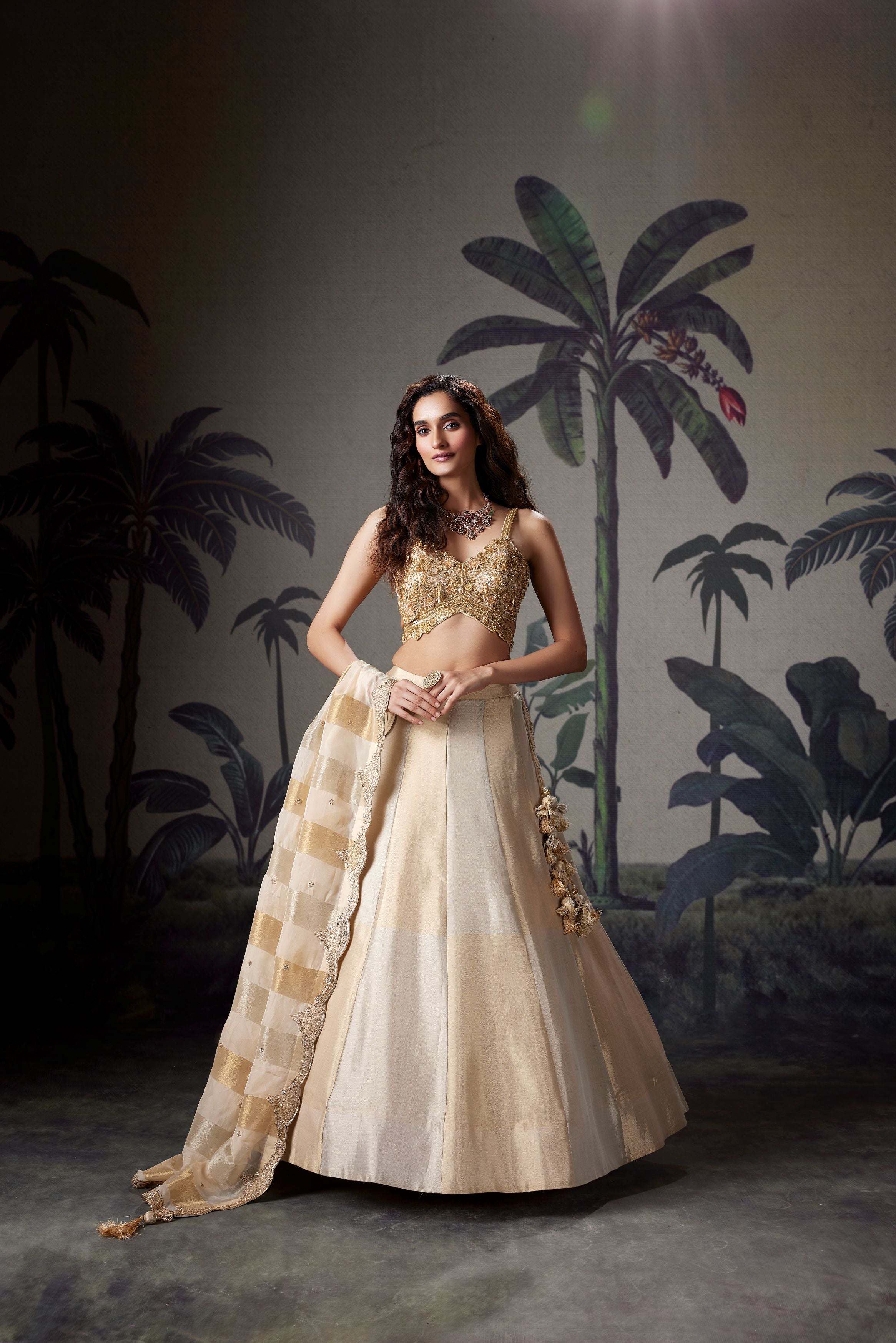 Ivory Gold Embellished Shimmer Tissue Silk Lehenga Set