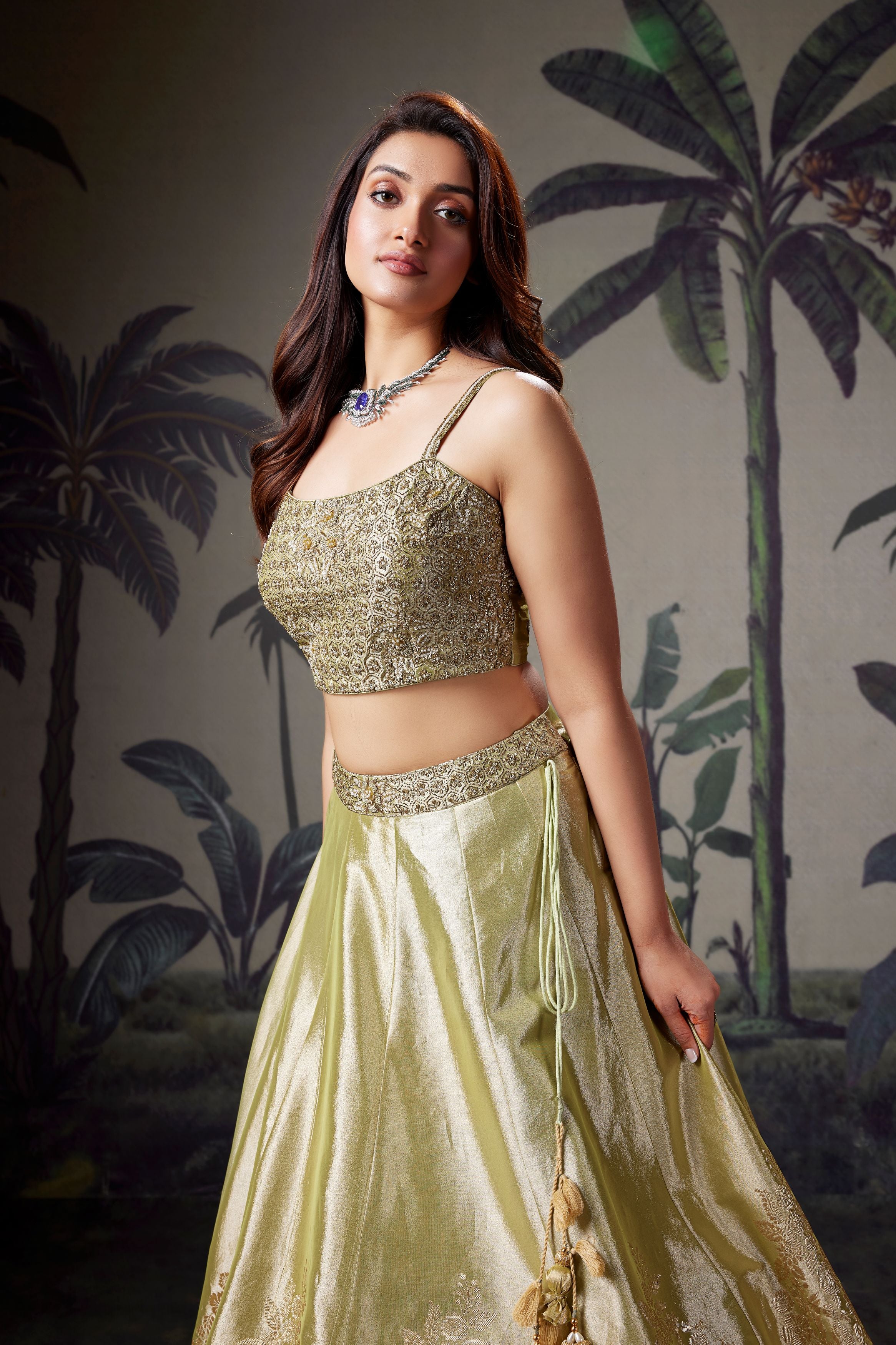 Pistachio Green Embellished Shimmer Tissue Silk Lehenga Set