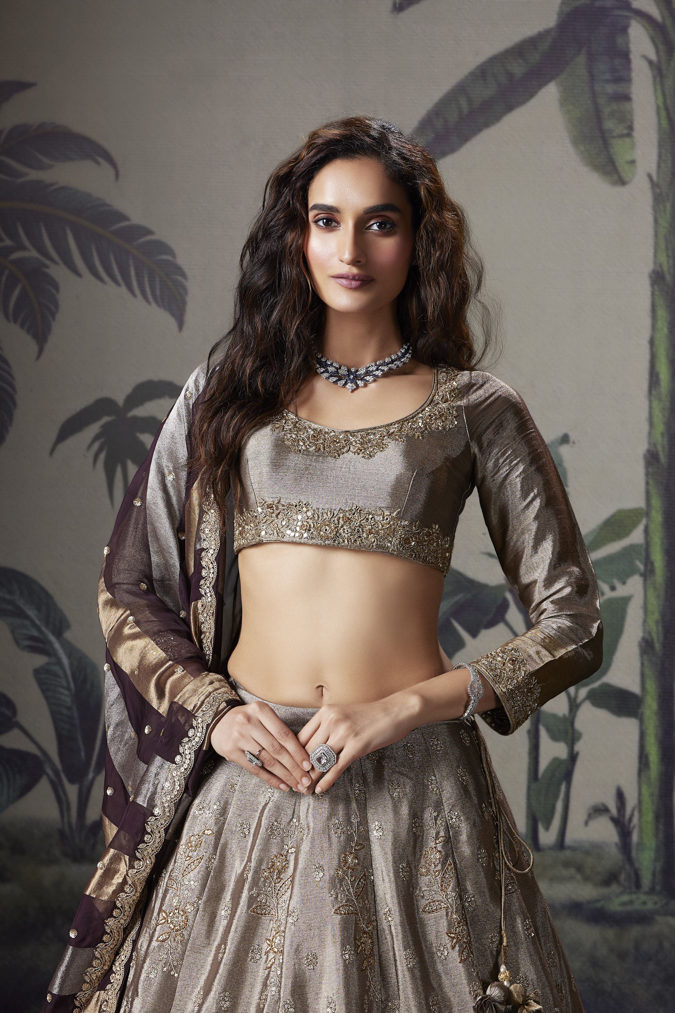Taupe Gold Embellished Premium Silk Lehenga Set