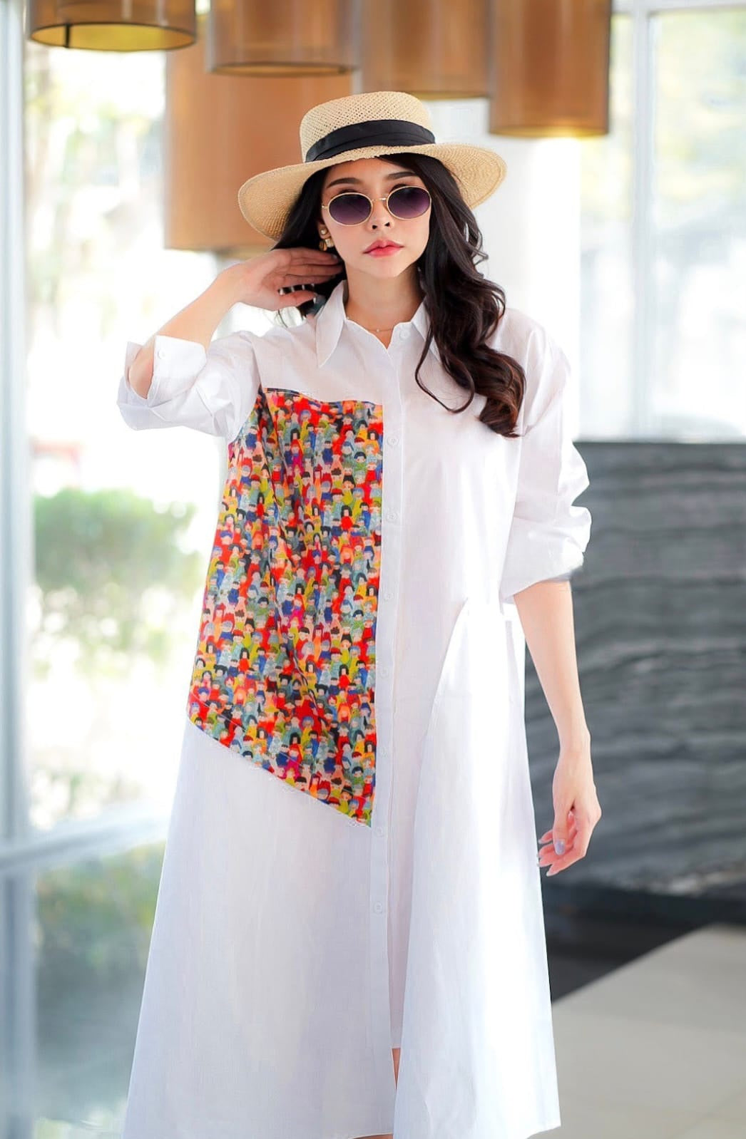 White Contrast Panel Tunic Dress