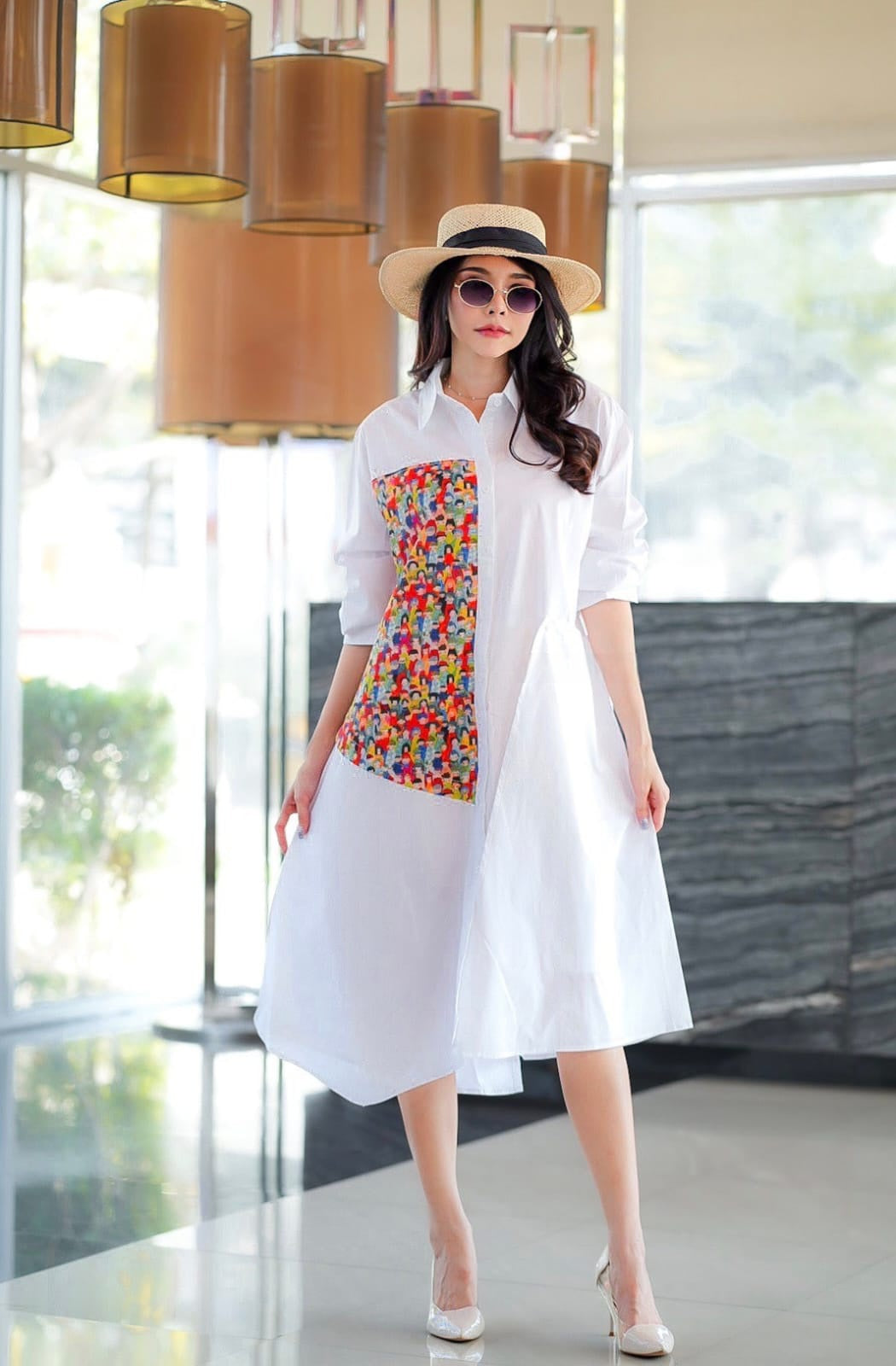 White Contrast Panel Tunic Dress