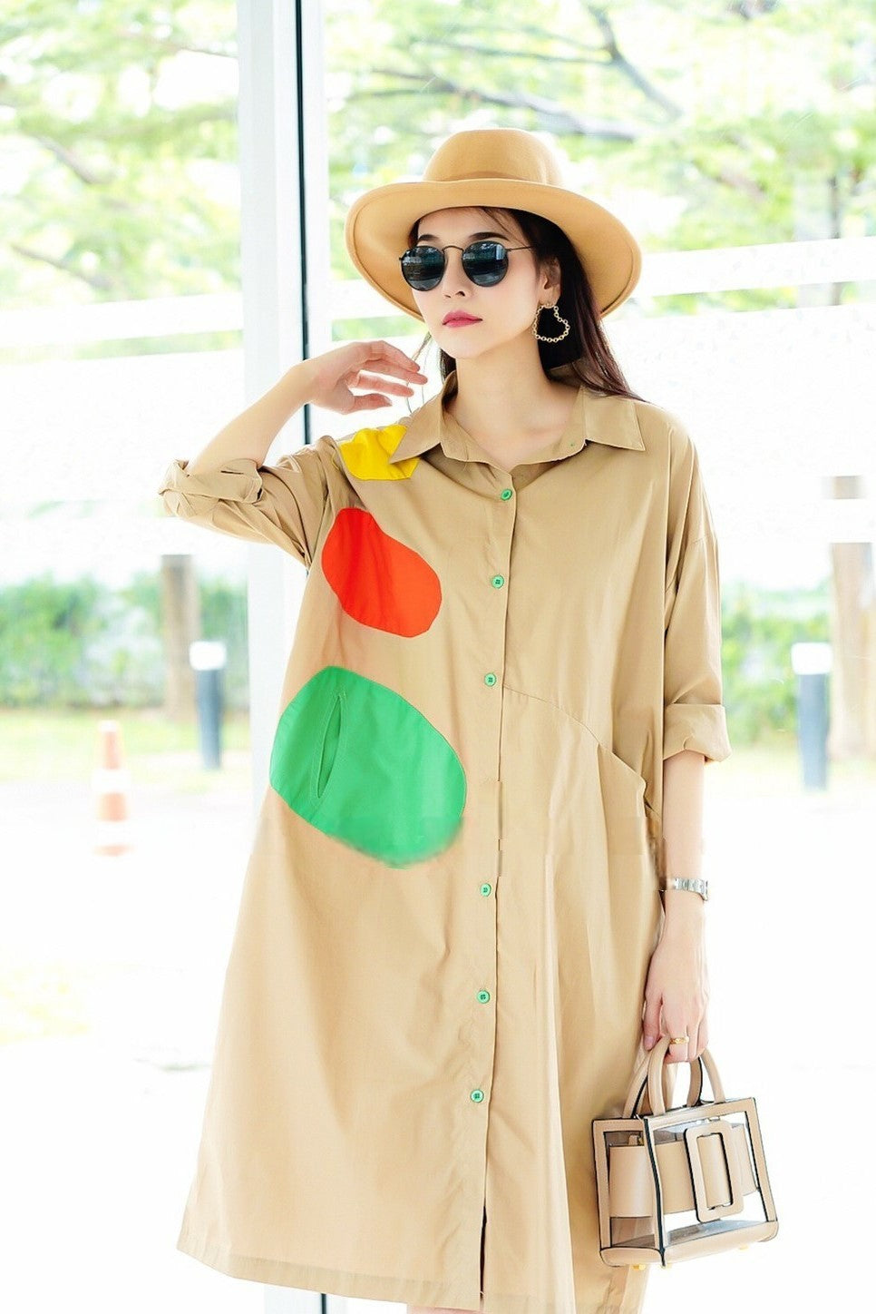 Camel Beige Applique Patchwork Tunic Dress