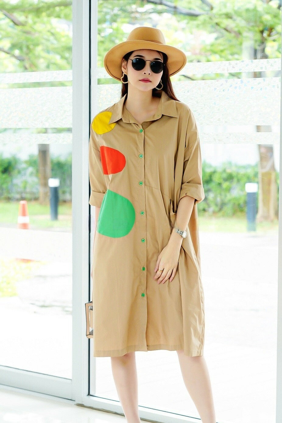 Camel Beige Applique Patchwork Tunic Dress