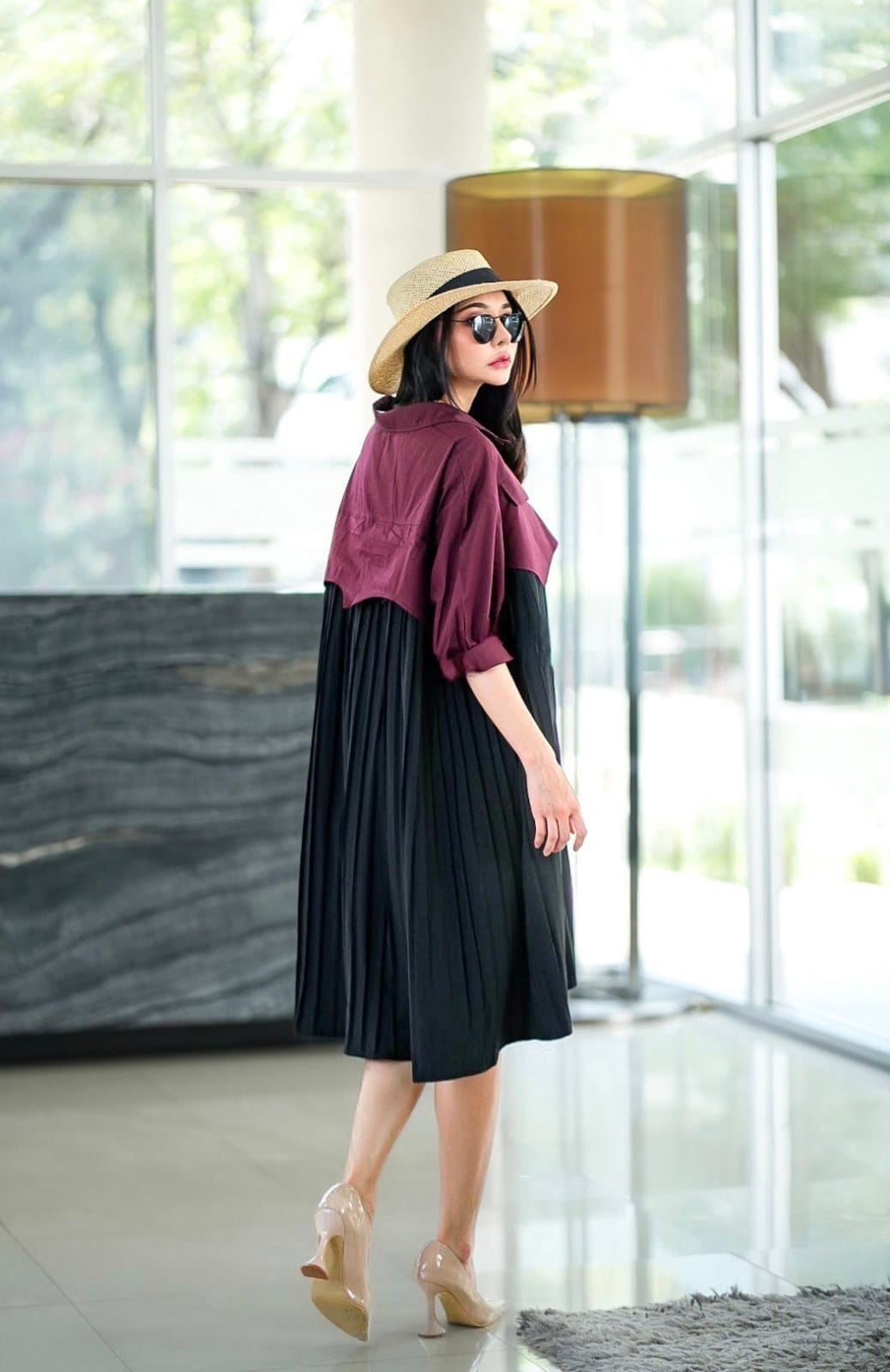 Wine & Black Fabric Blocking Tunic Dress