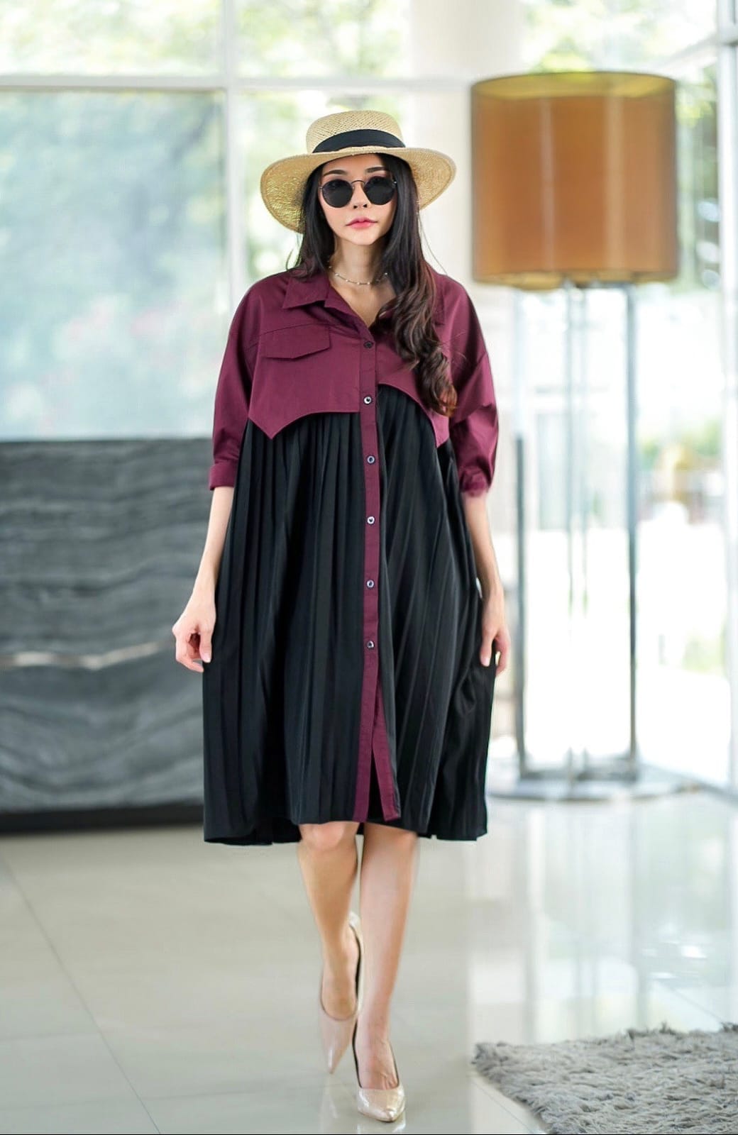 Wine & Black Fabric Blocking Tunic Dress