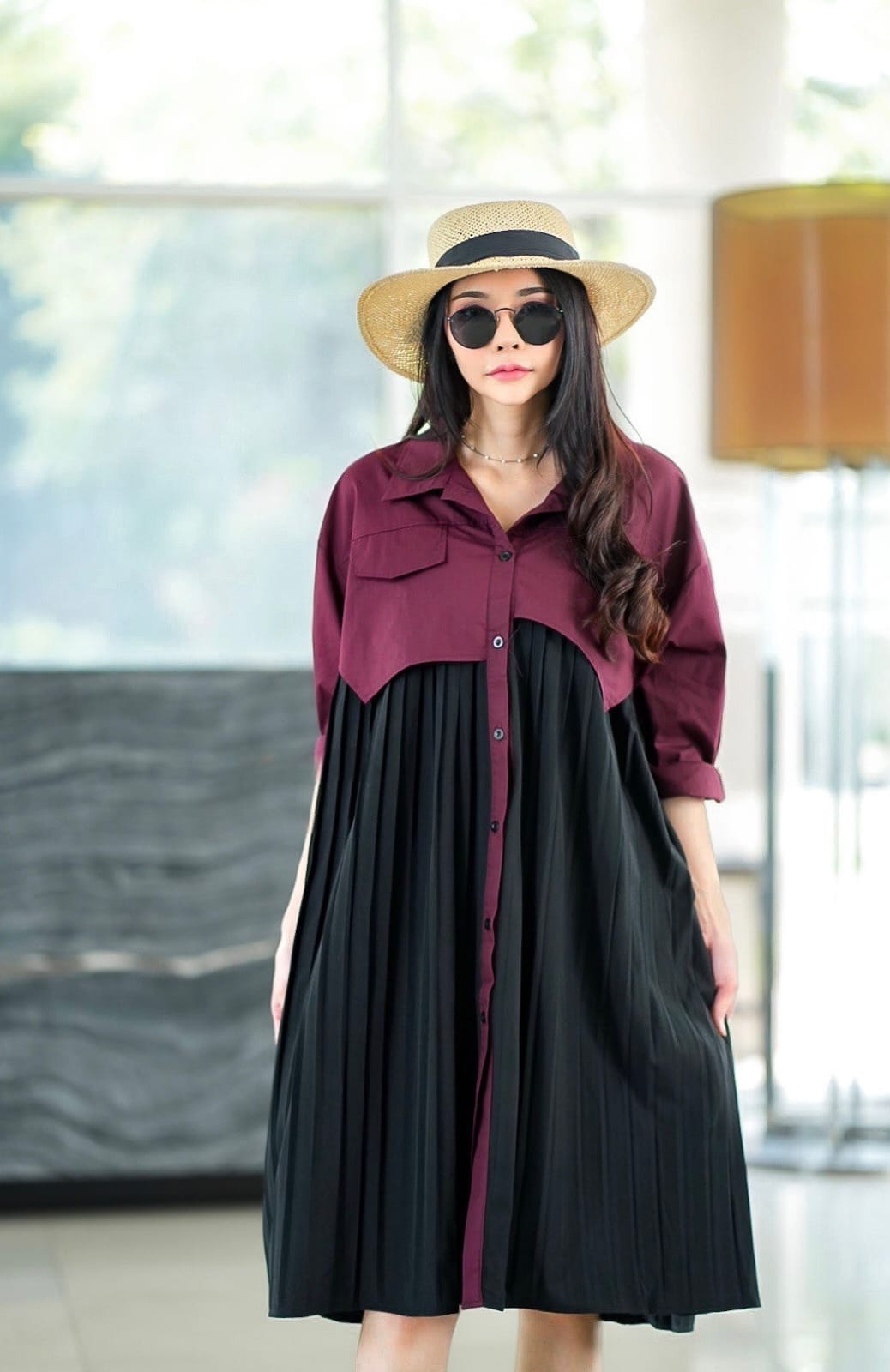 Wine & Black Fabric Blocking Tunic Dress