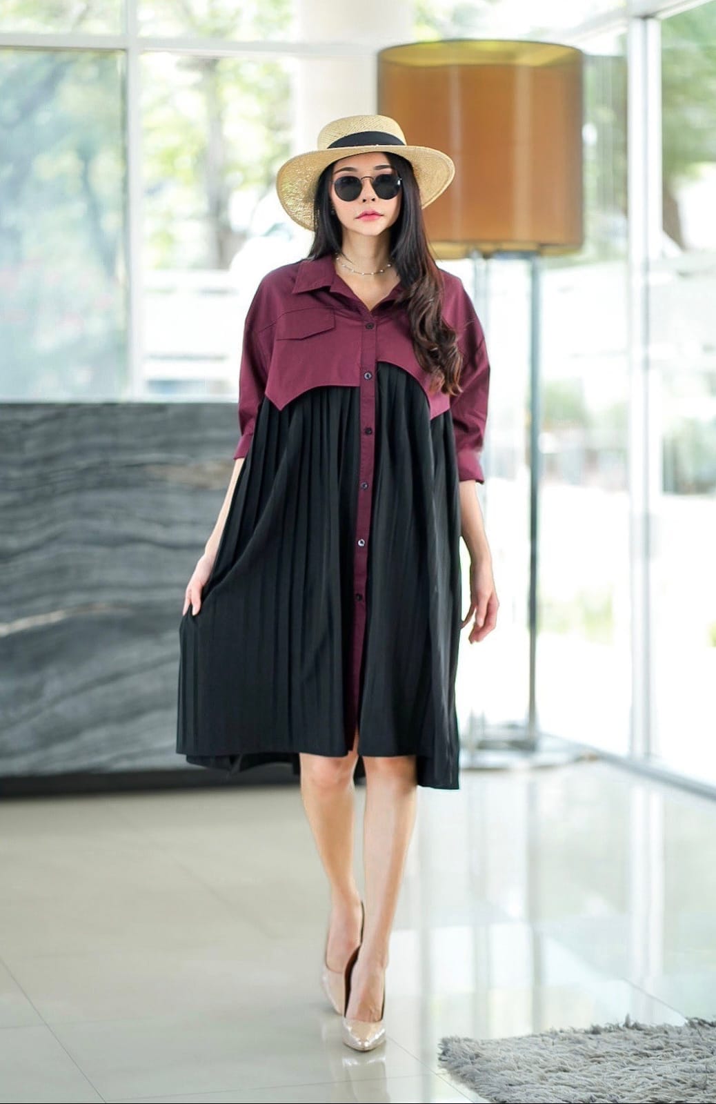 Wine & Black Fabric Blocking Tunic Dress
