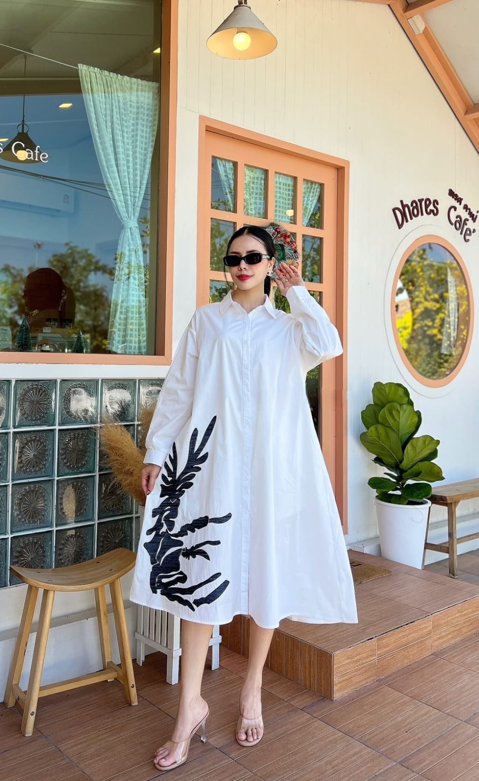 White Floral Threadwork Tunic Dress